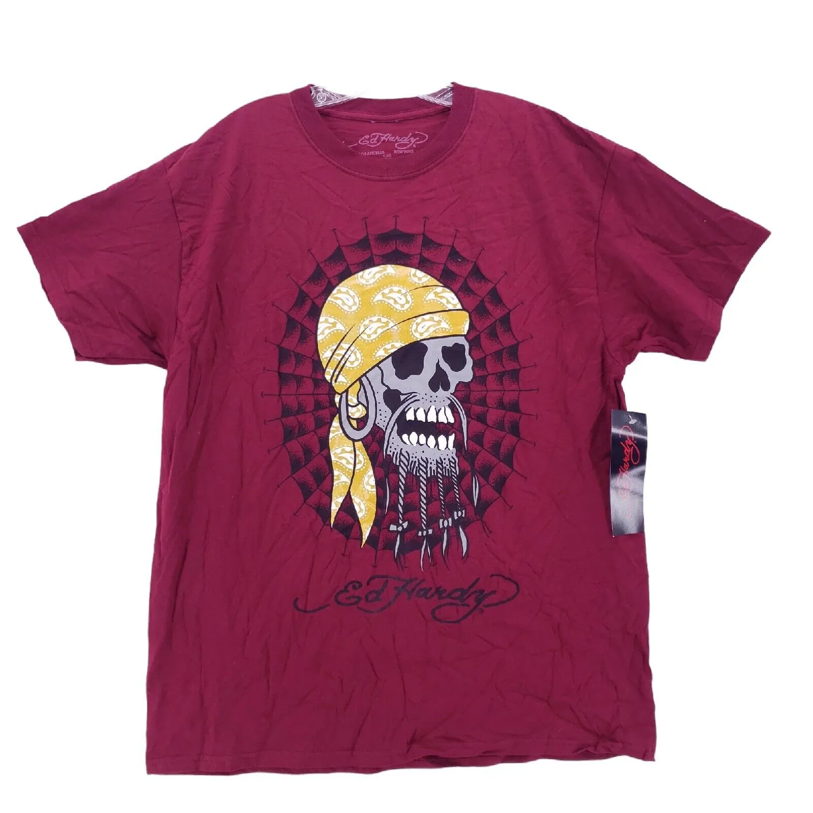 NWT Ed Hardy Pirate Skull Bandana Short Sleeve T-Shirt Burgundy Red Size XL