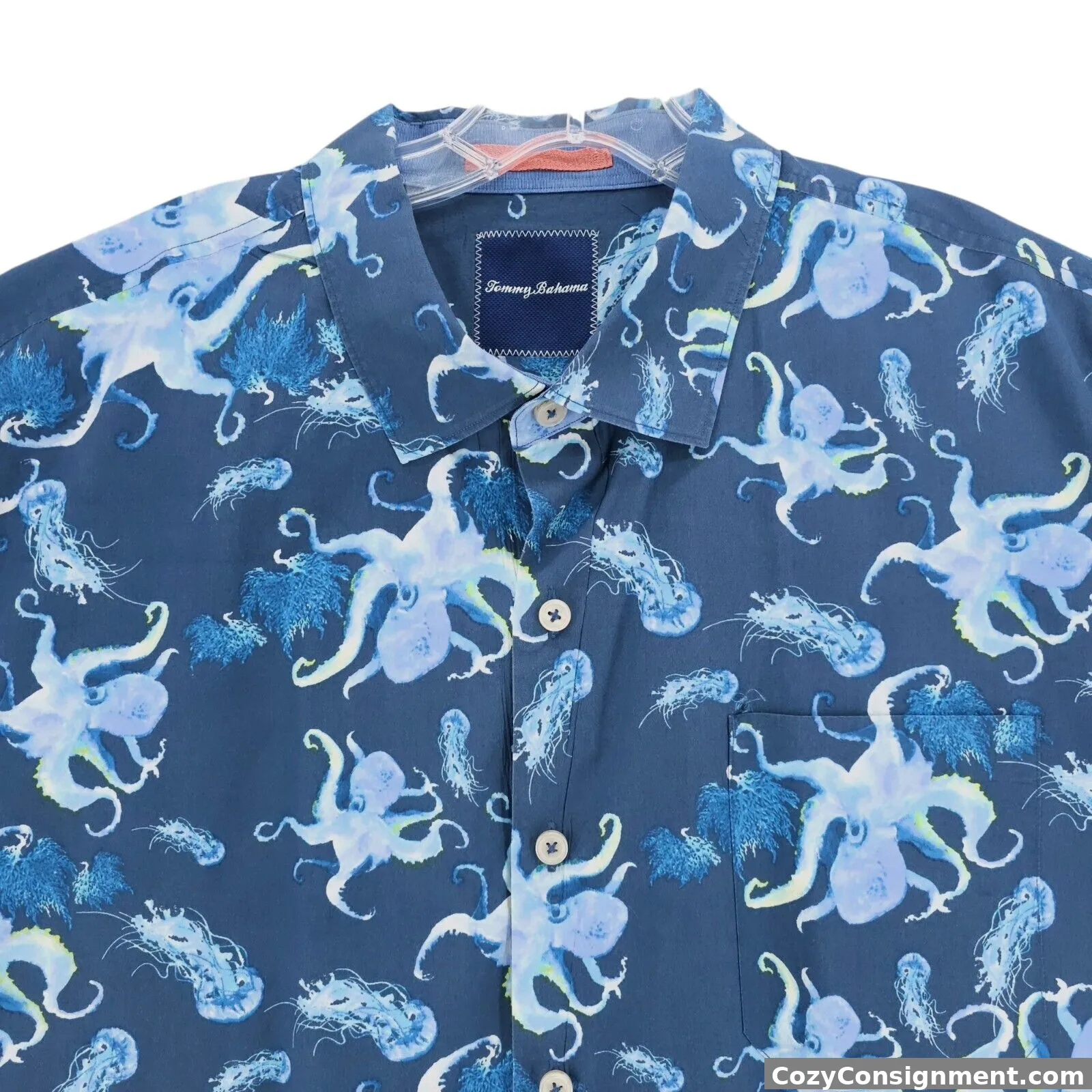 TOMMY BAHAMA Blue Octopus All Over Print Short Sleeve Shirt Est. Size 2XL?