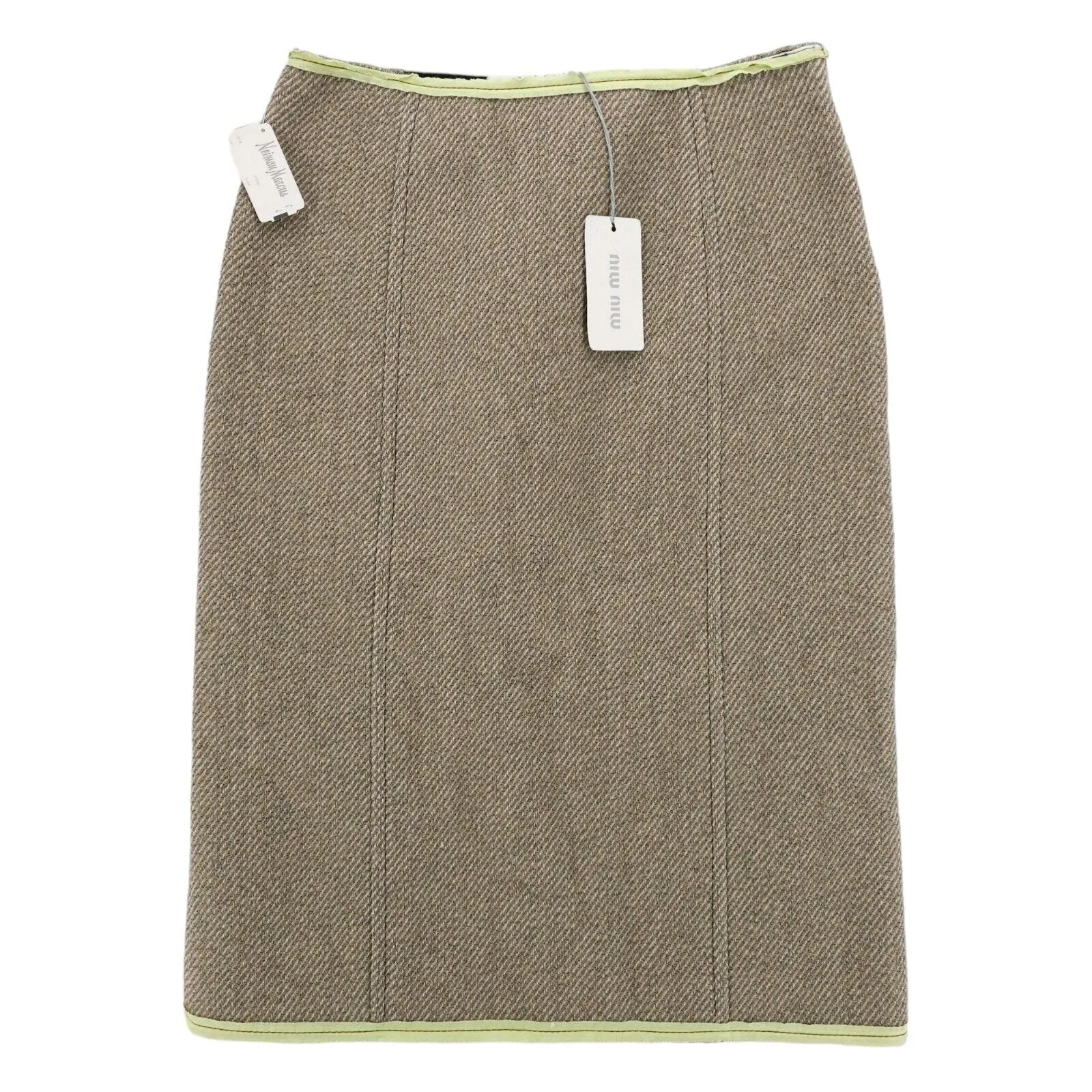 MIU MIU Wool Blend Pencil Midi Skirt Light Brown Neon Trim Size 44 - NWT