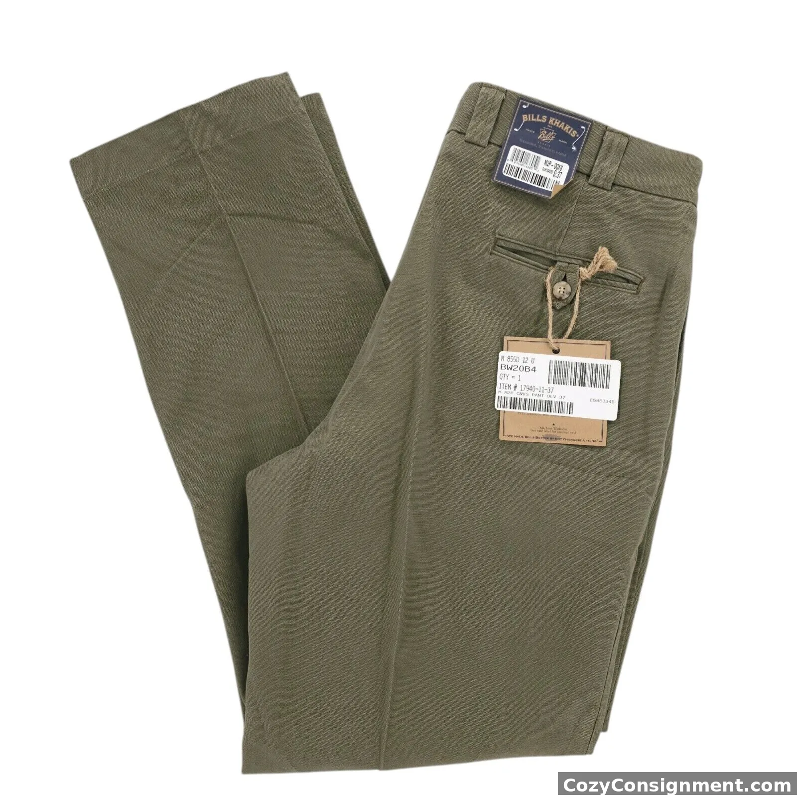 NWT BILLS KHAKIS Olive Green Canvas Pant Pleated 100% Cotton Size 37