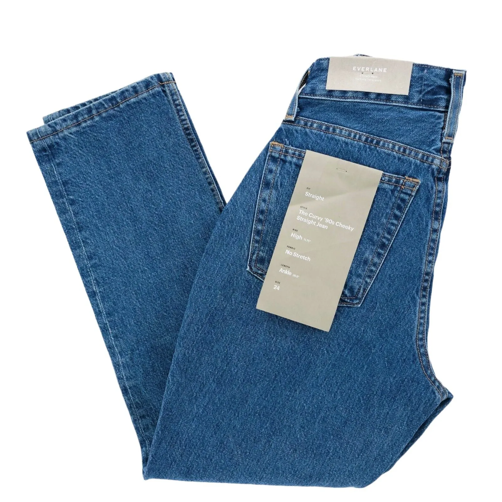 NWT EVERLANE The Curvy 90s Cheeky Straight Jean High Rise Medium Blue 24 Ankle