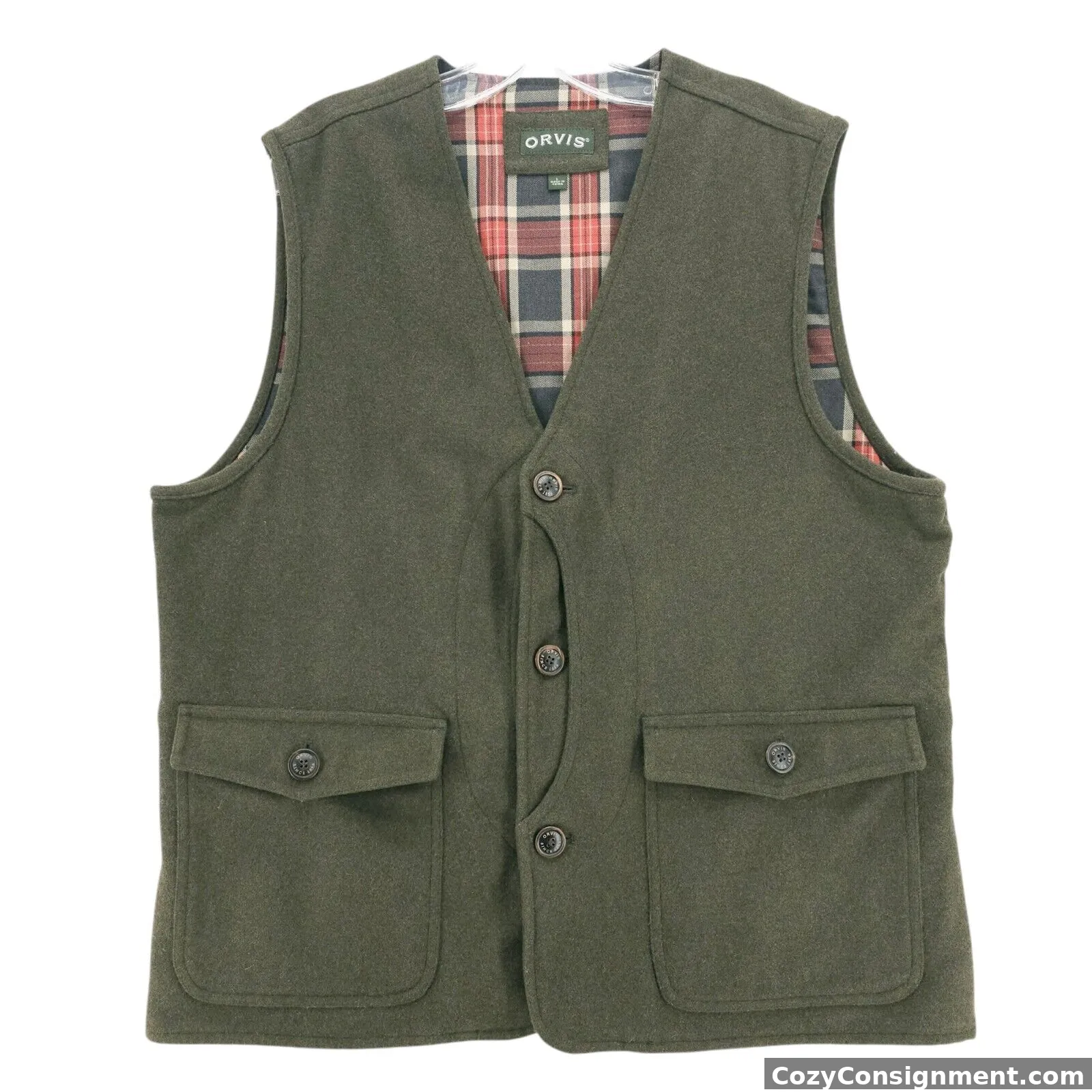 ORVIS Wool Blend Green Vest Plaid Lining Hunting Outdoor Size LARGE