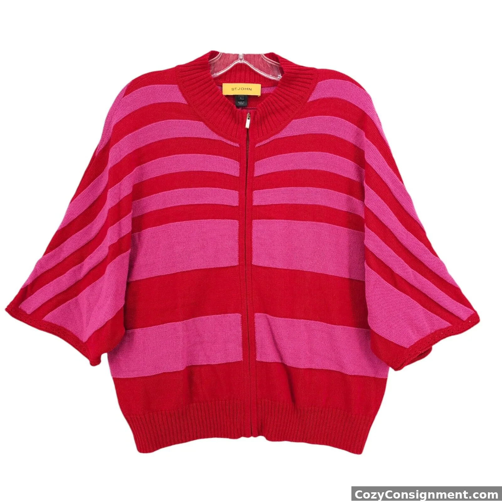 ST. JOHN Red Pink Striped Zip Cardigan Dolman Sleeve Wool Rayon Blend LARGE