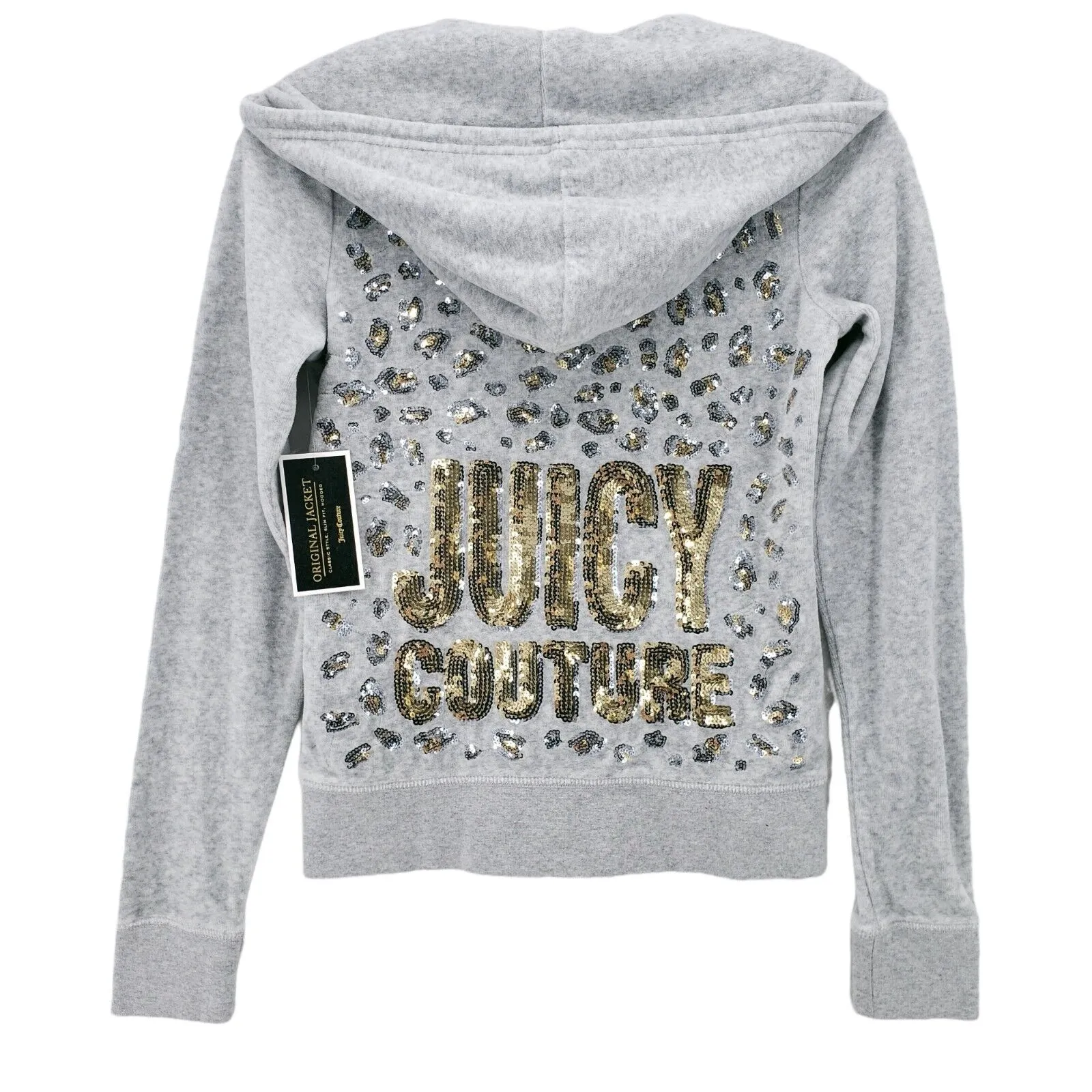 NWT Juicy Couture Velour Hoodie Jacket Gray Silver Gold Sequin Logo Size XS