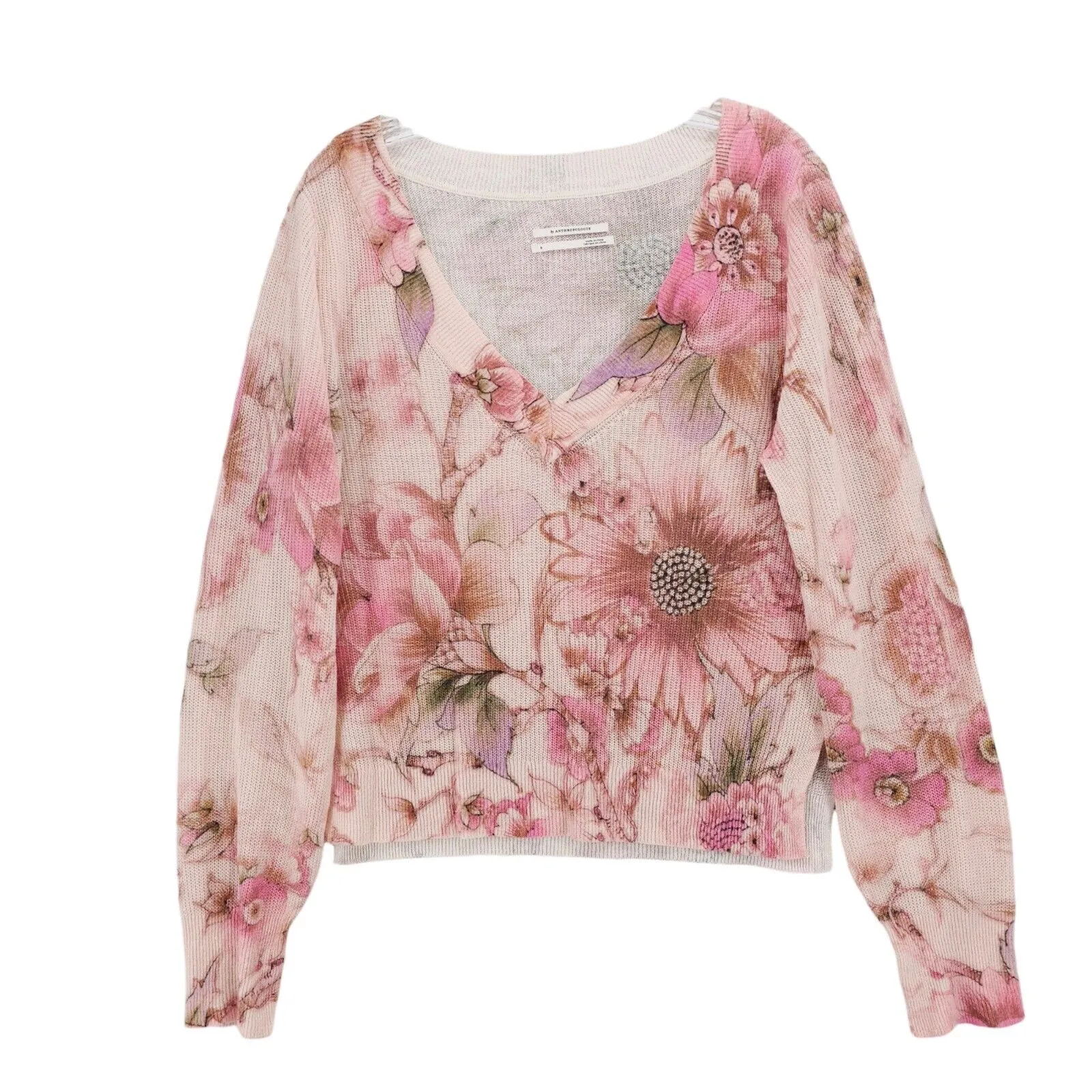 ANTHROPOLOGIE the Dreamer Linen Blend Floral Knit Top Pink Relaxed SMALL