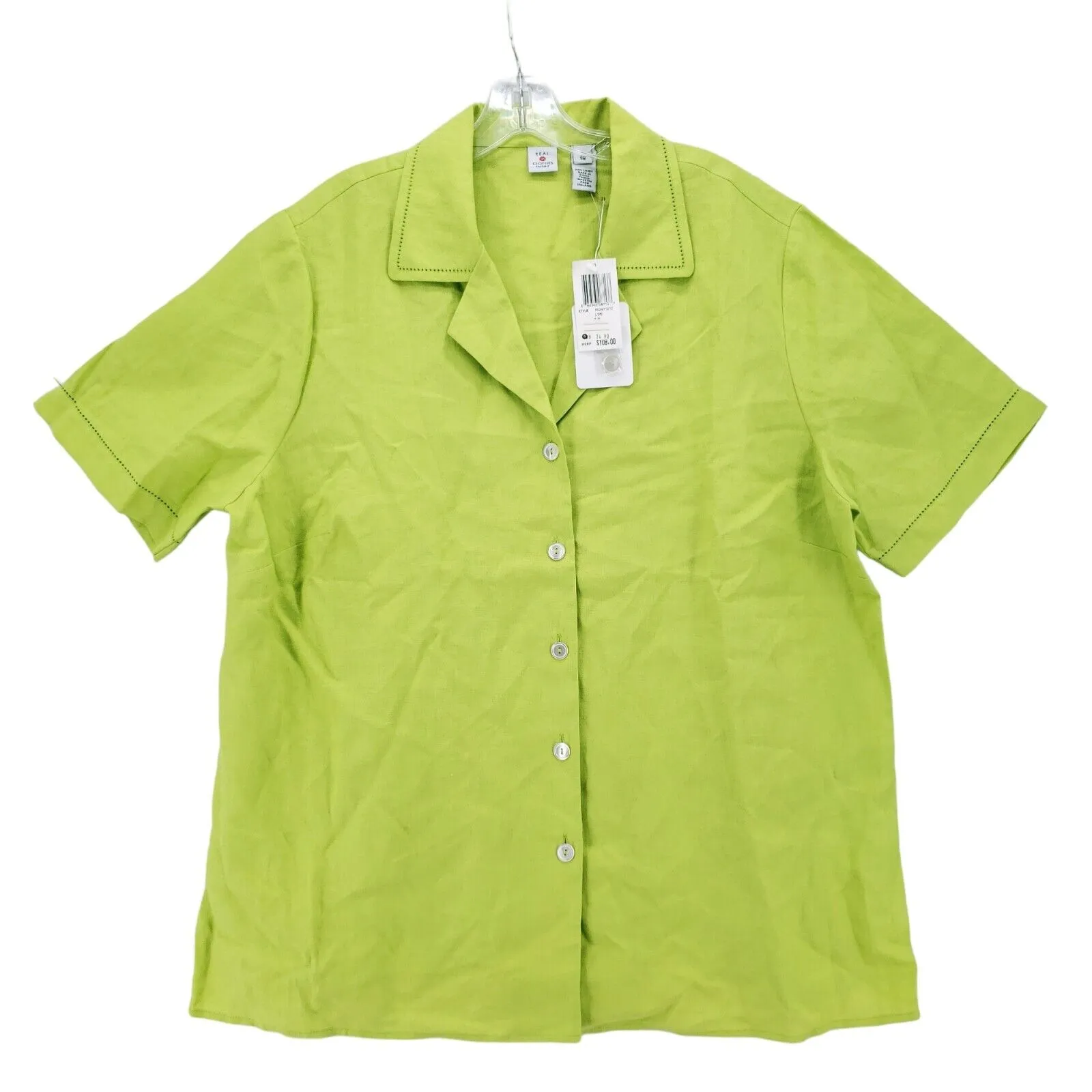 NWT Real Clothes Salon Z 100% Linen Shirt Blouse Lime Green Perforated Size 18