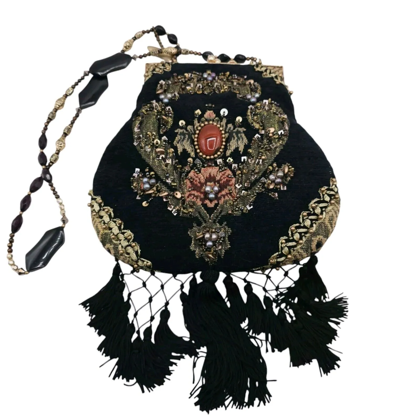 MARY FRANCES Handbag Purse Beaded Tassel Black Fabric Stone