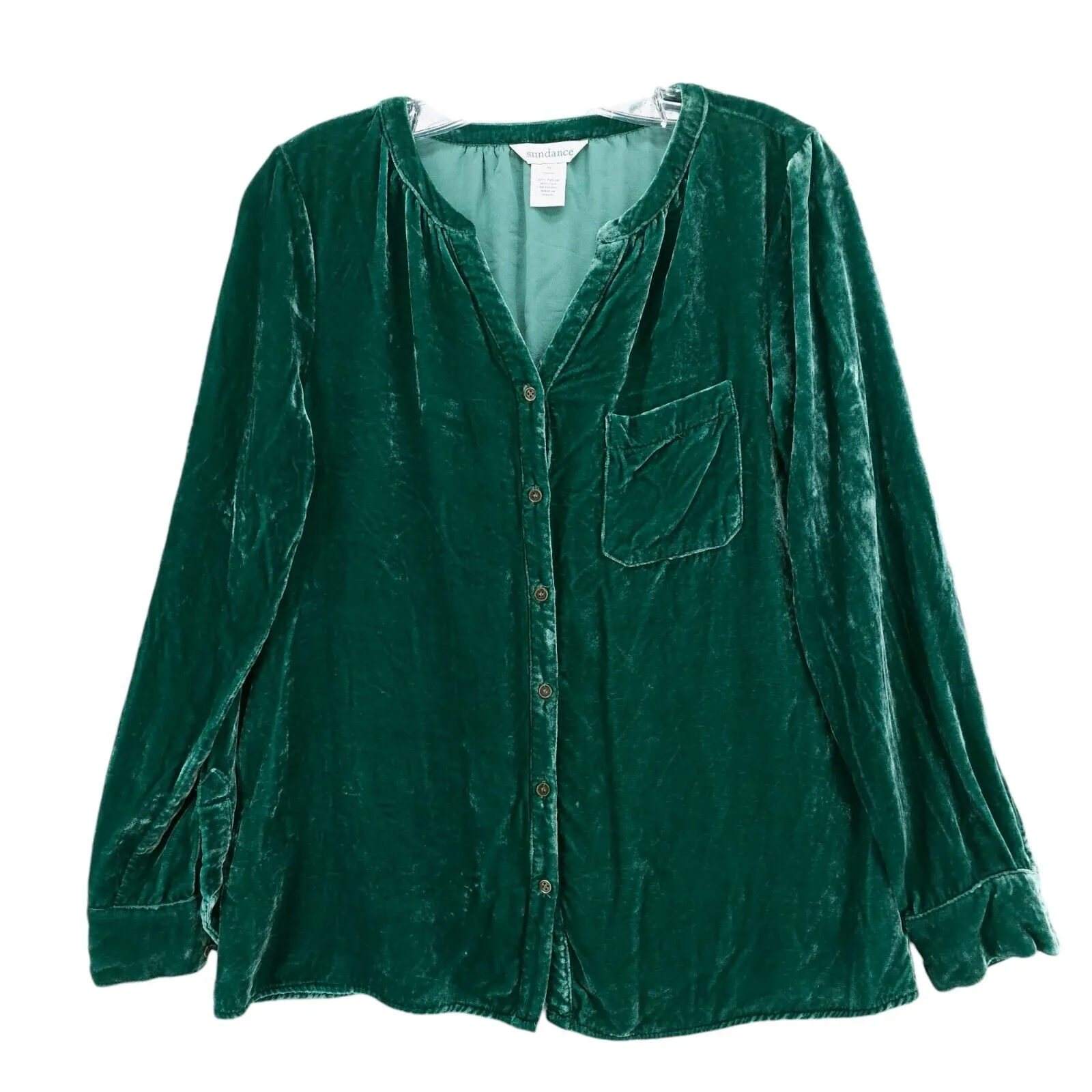 SUNDANCE Green Velvet Shirt Long Sleeve Pocket Blouse Rayon Silk Size SMALL