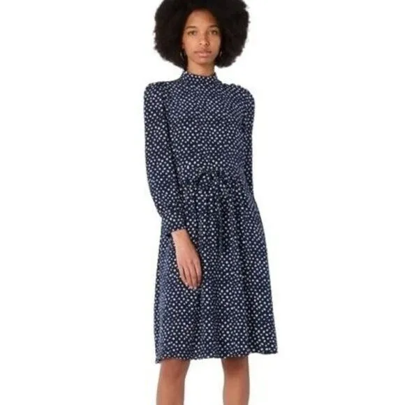 NWT A.P.C Caroline Dress 100% Silk Dark Navy Blue Polka Dot Belted Size 42 - XL