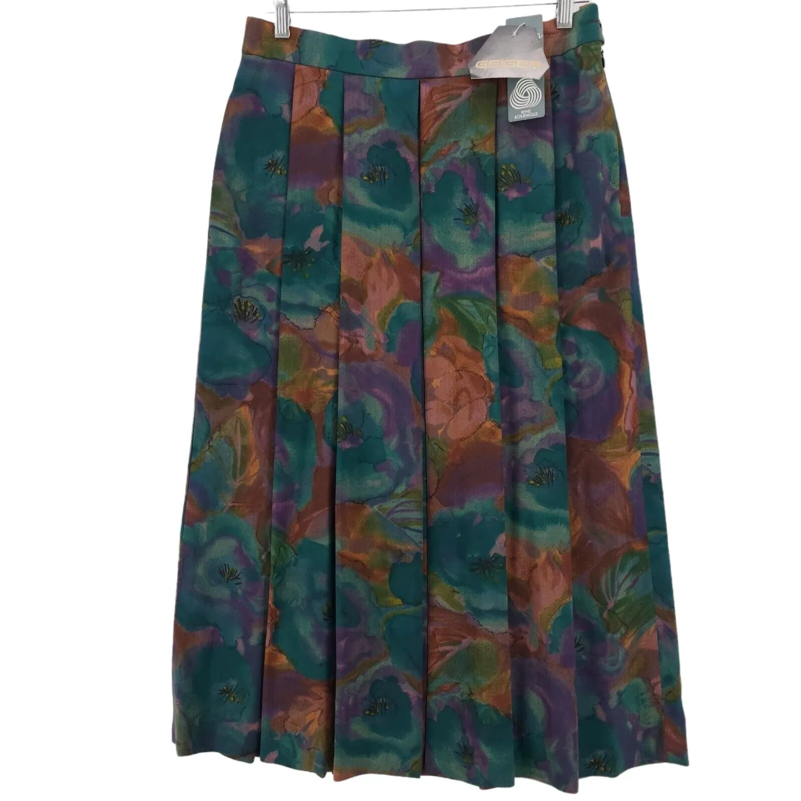 NWT GEIGER AUSTRIA Floral Pure New Wool Pleated Midi Skirt Size 44