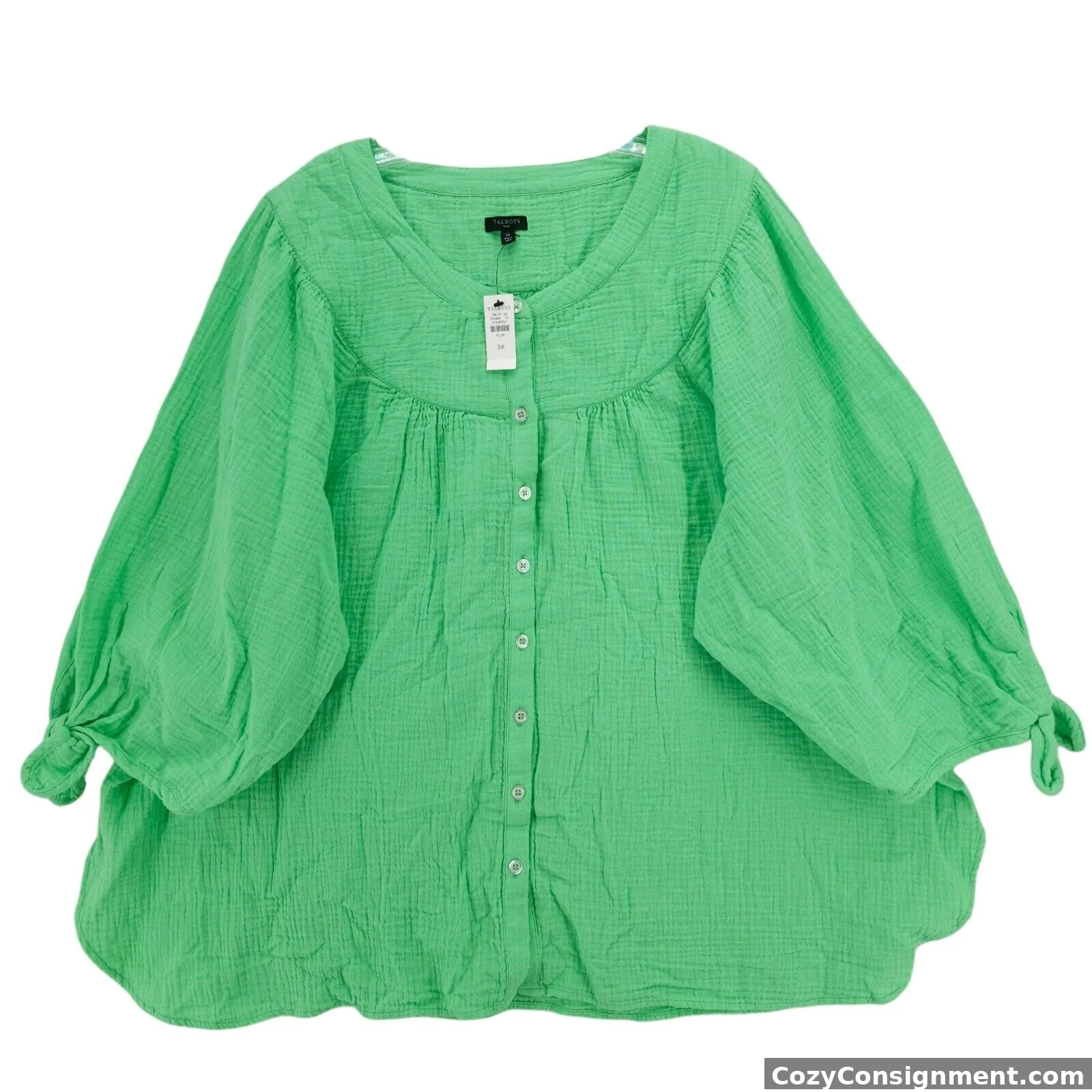 NWT TALBOTS Green Airy Gauze Tie Sleeve 100% Cotton Top Button Up Size 3X