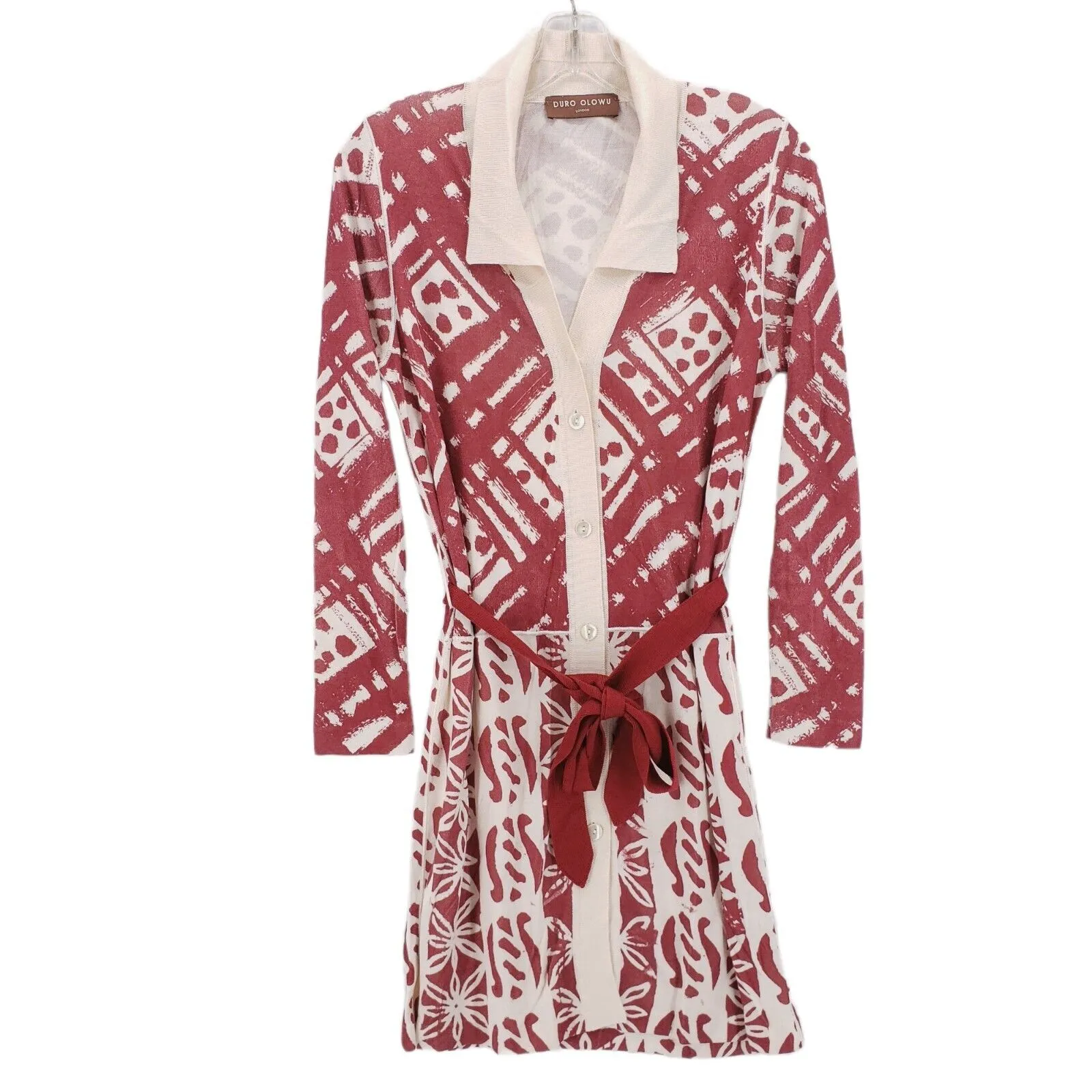 DURO OLOWU  Knit Red Cream Dress Belted Button Front Size Estimated SMALL?