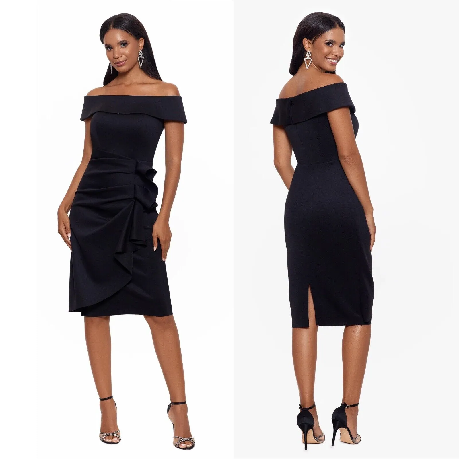 NWT XSCAPE "Vanessa" Short Off The Shoulder Scuba Crepe Ruched Dress Size 4