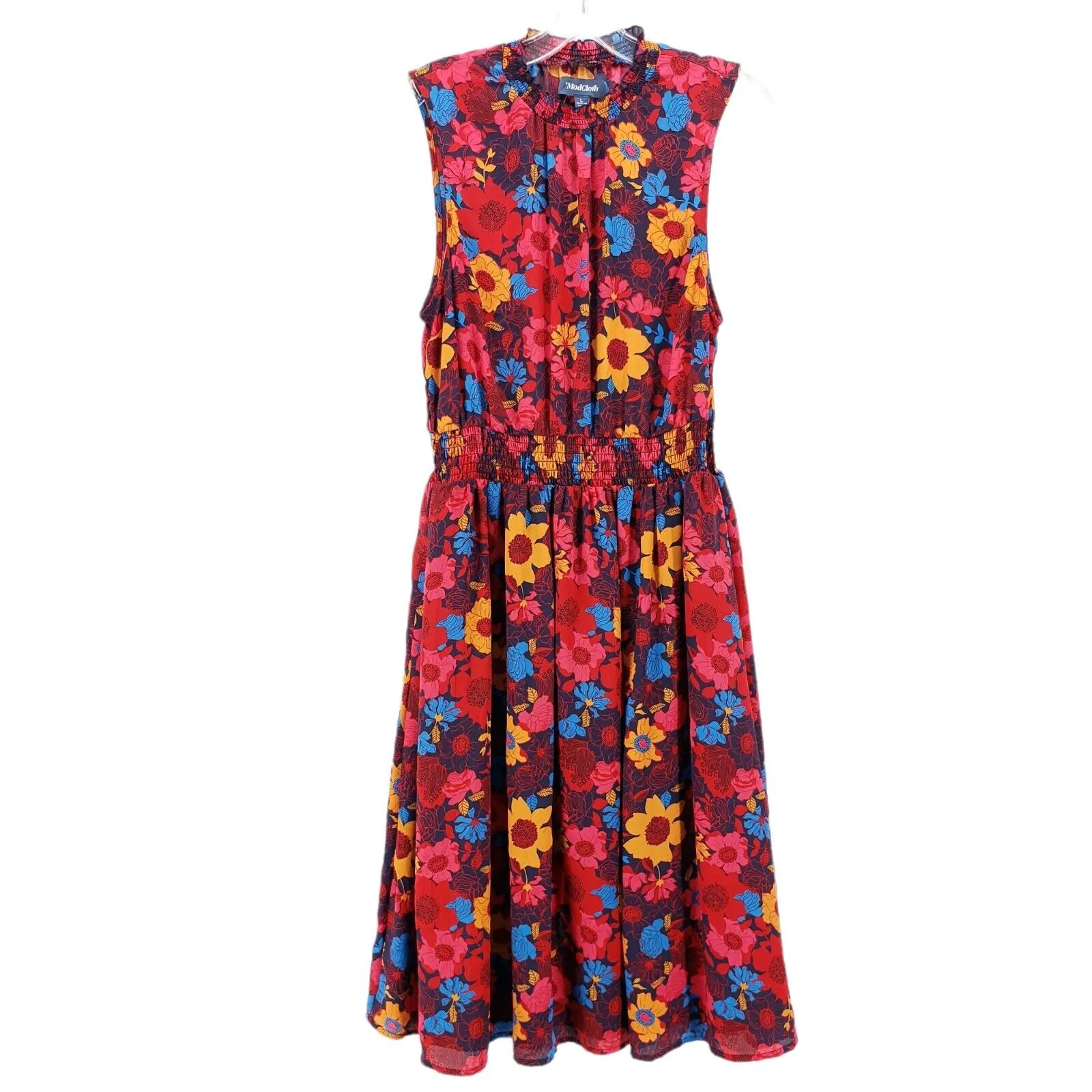 MODCLOTH Floral Midi Dress Sleeveless Ruffled High Neck Elastic Waist LARGE