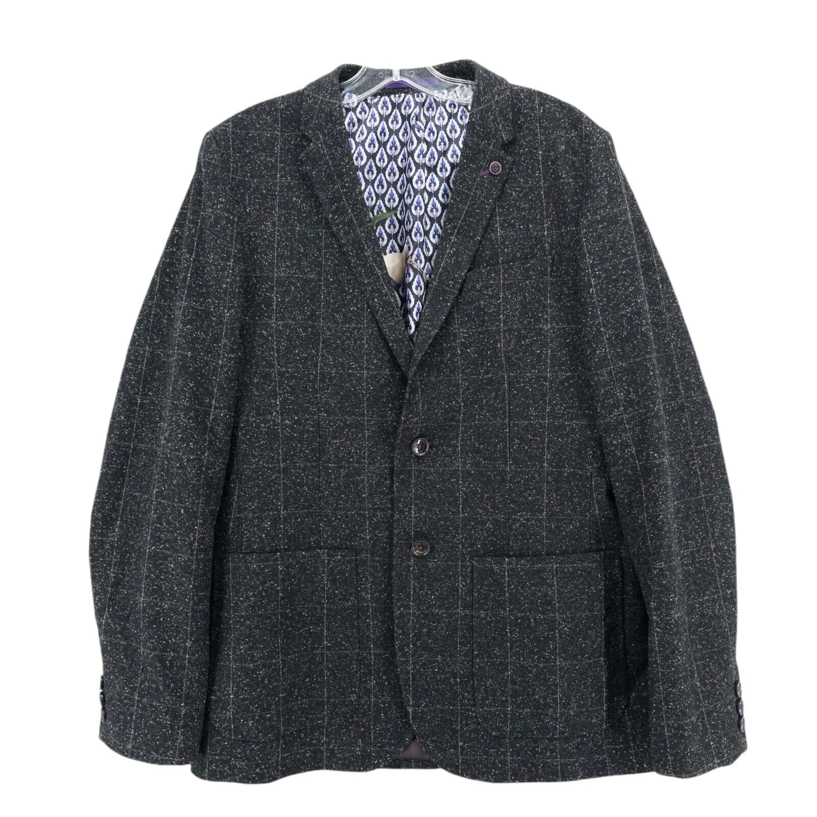 TED BAKER Charcoal Black Speckled Windowpane Blazer Jacket Wool Blend Sz 3 - 38