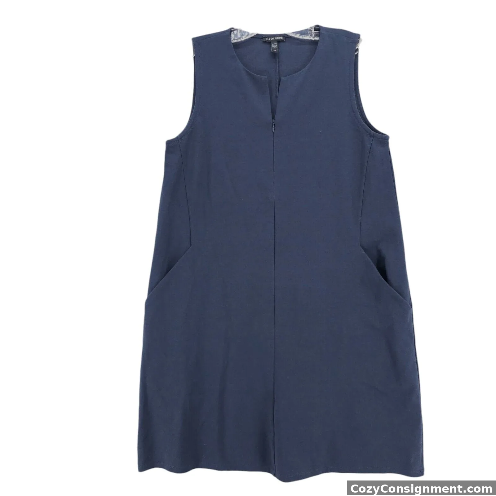 EILEEN FISHER Blue Sleeveless Shift Dress Stretch Pockets Zip Neckline SMALL