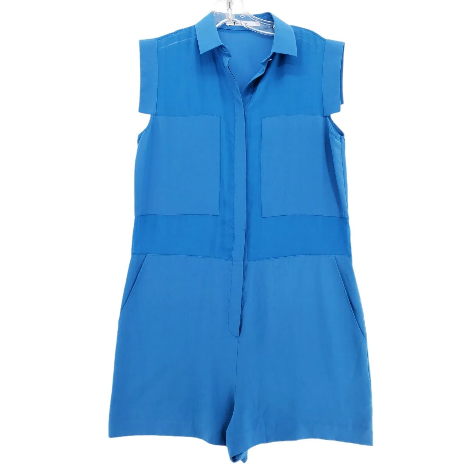 T By Alexander Wang Blue Silk Paneled Semi Sheer Jumpsuit Playsuit Romper SMALL