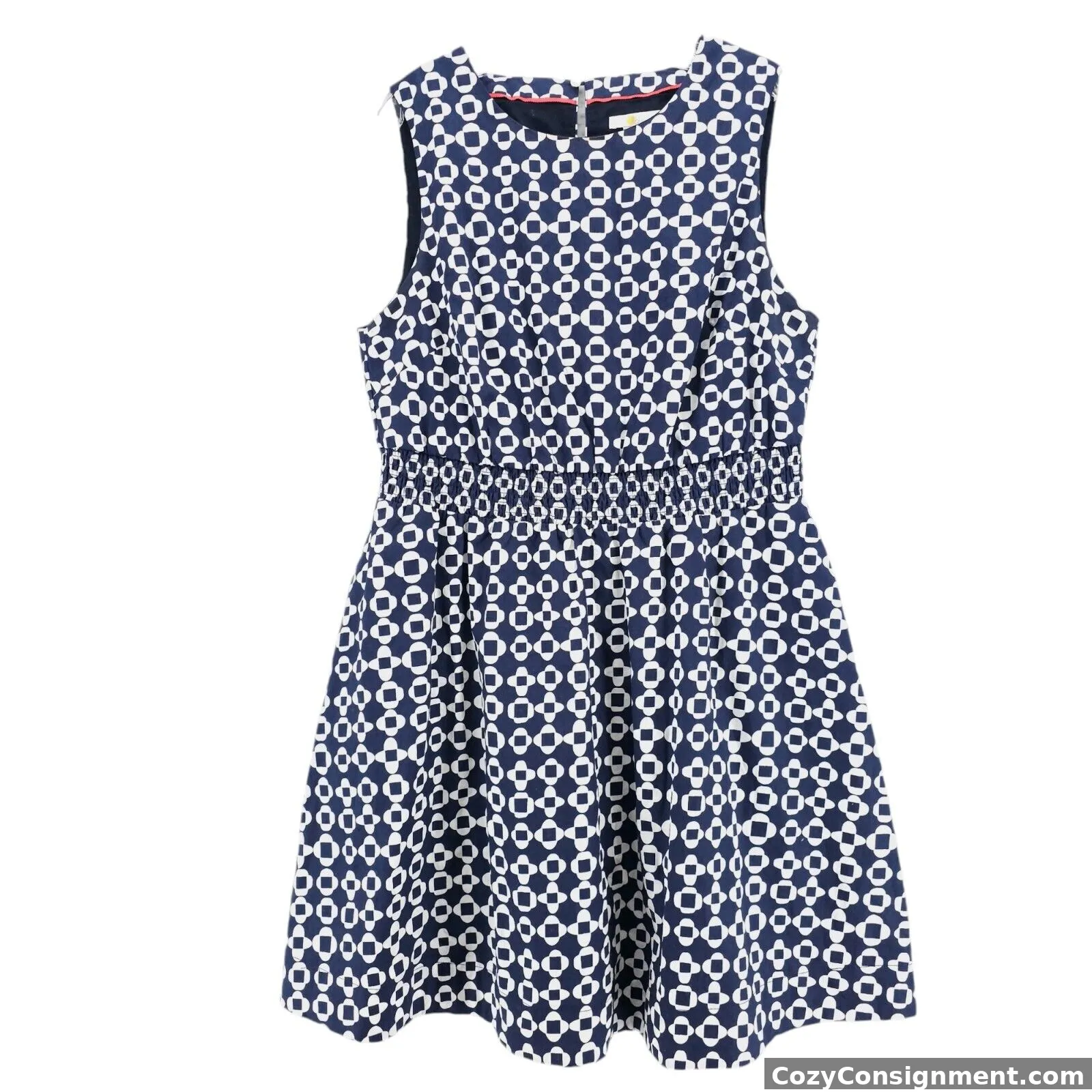 BODEN Smocked Waist Mini Dress French Navy Blue Mosaic Square Size US 12 R