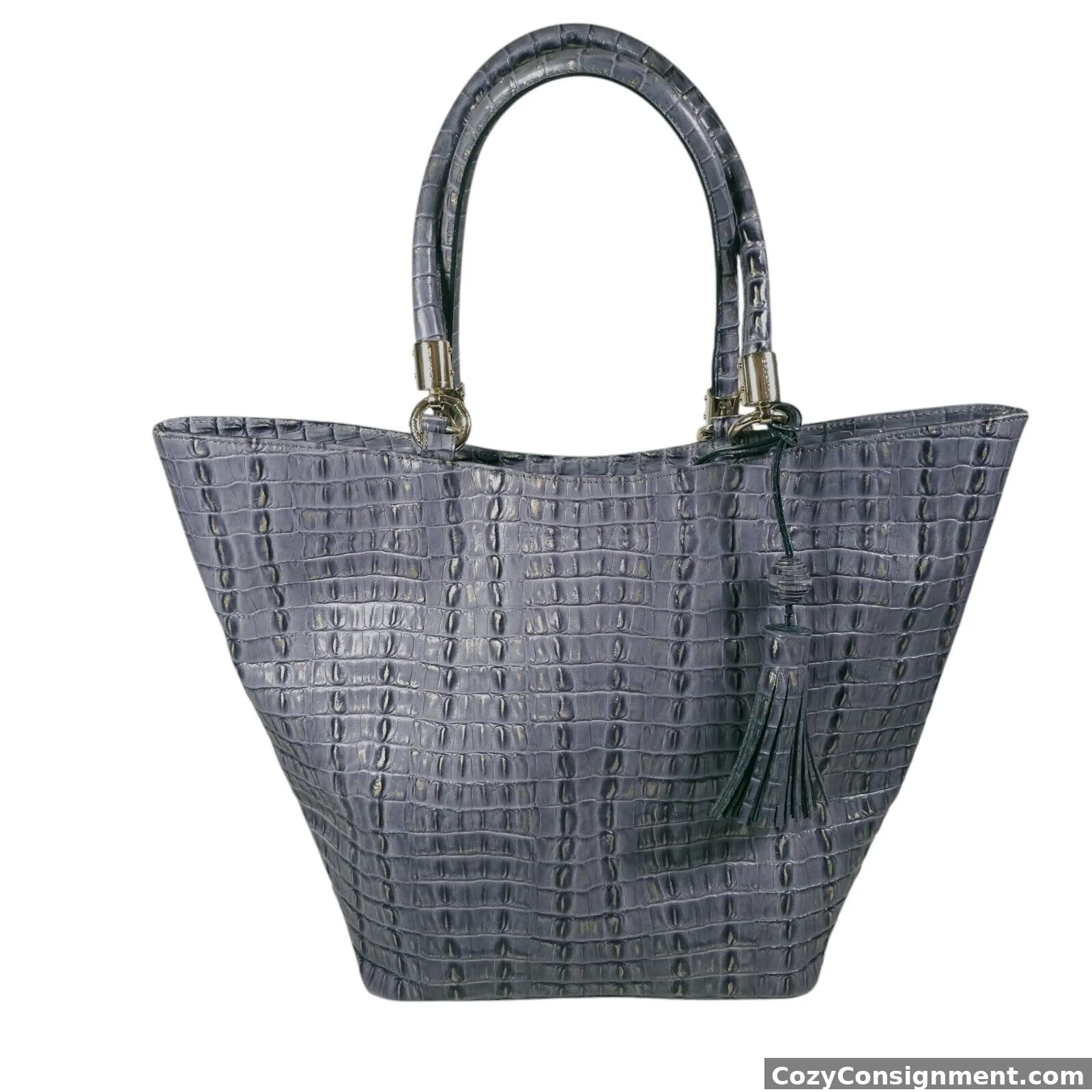 BRAHMIN Tote Shoulder Bag Blue Gold Croc Embossed