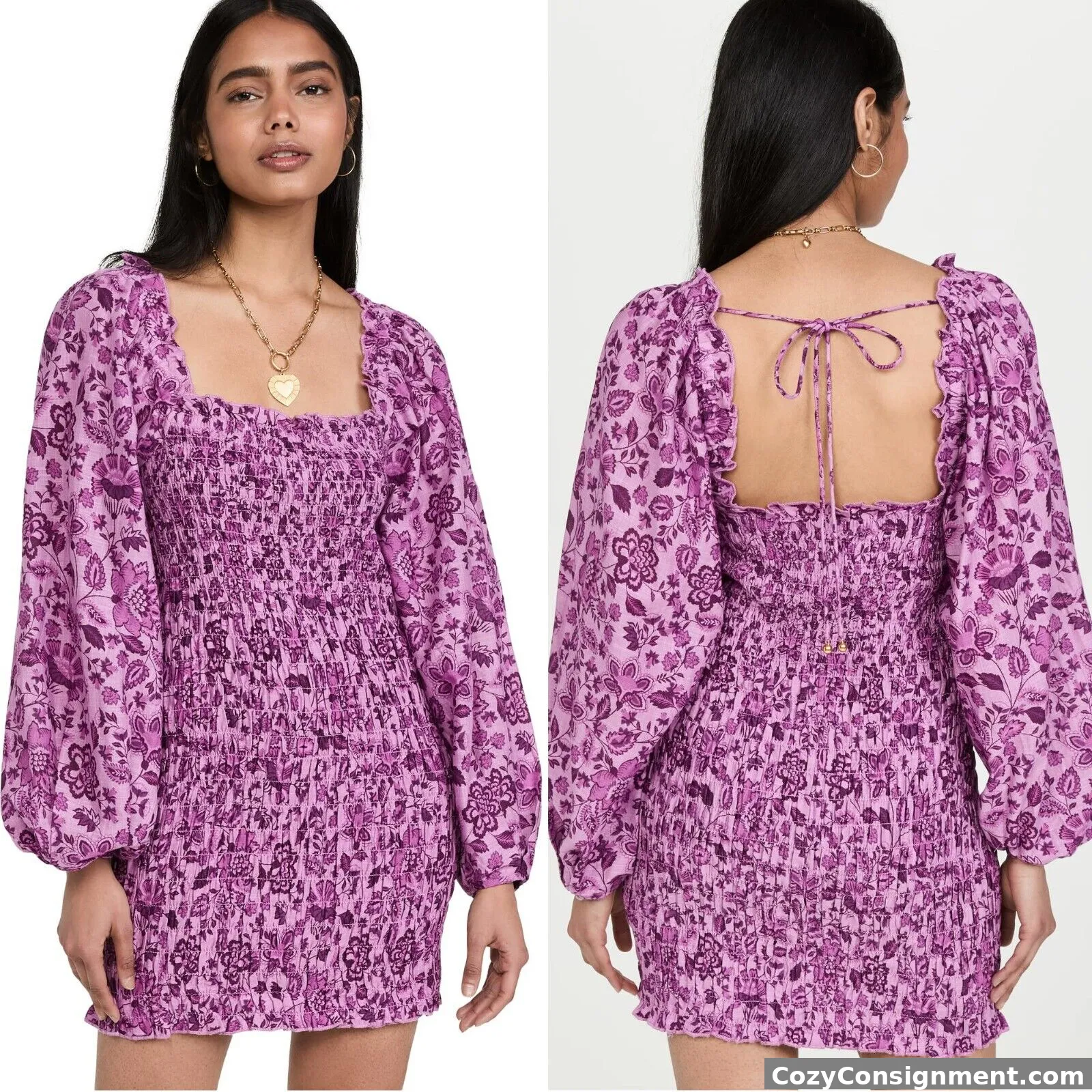 NWT FREE PEOPLE Smock It To Me Mini Dress Azalea Combo Purple Floral Puff XL