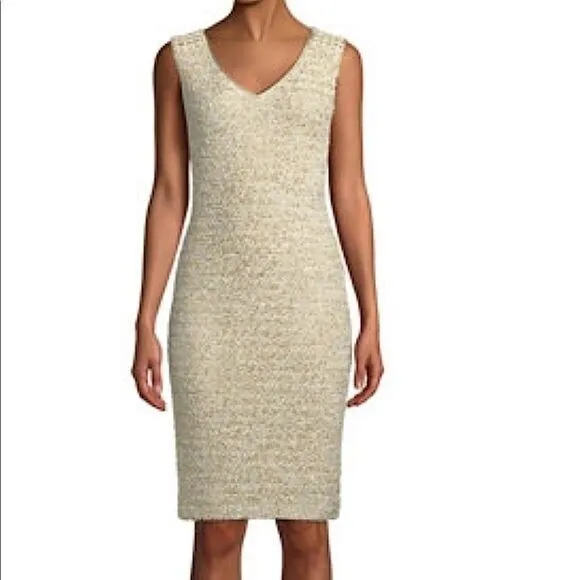 ST JOHN COUTURE Metallic Gold Cream Tweed Knit Sheath Cocktail Dress Size 6