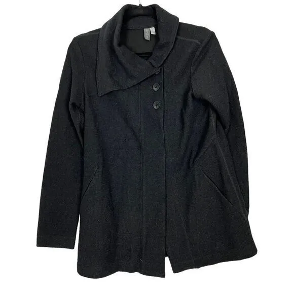 IBEX Black Merino Wool Blend Button Cardigan Pockets Size SMALL