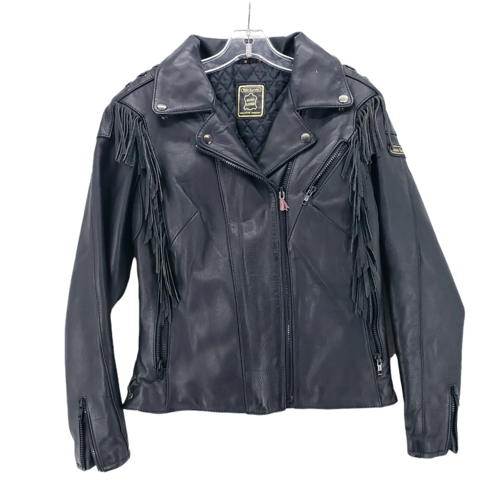 HEIN GERICKE Black Leather Motorcycle Jacket Tasseled Quilted Liner Women's 36