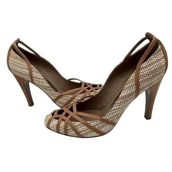 SALVATORE FERRAGAMO Women's Tan, Brown & White Leather Raffia Heel Size 8.5 C