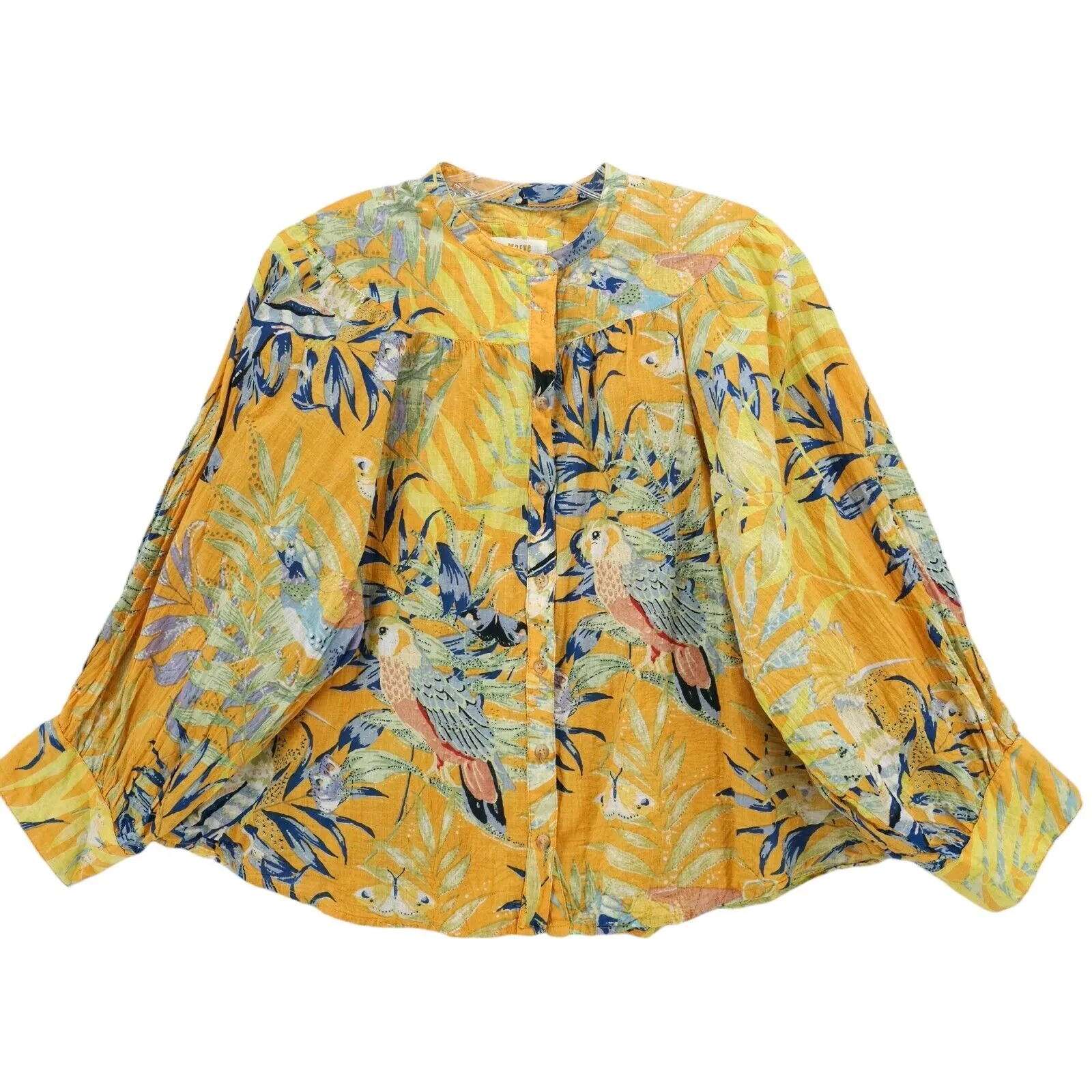 MAEVE Anthropologie Parrot Puff 3/4 Sleeve Tropical Button Down Blouse Top LARGE