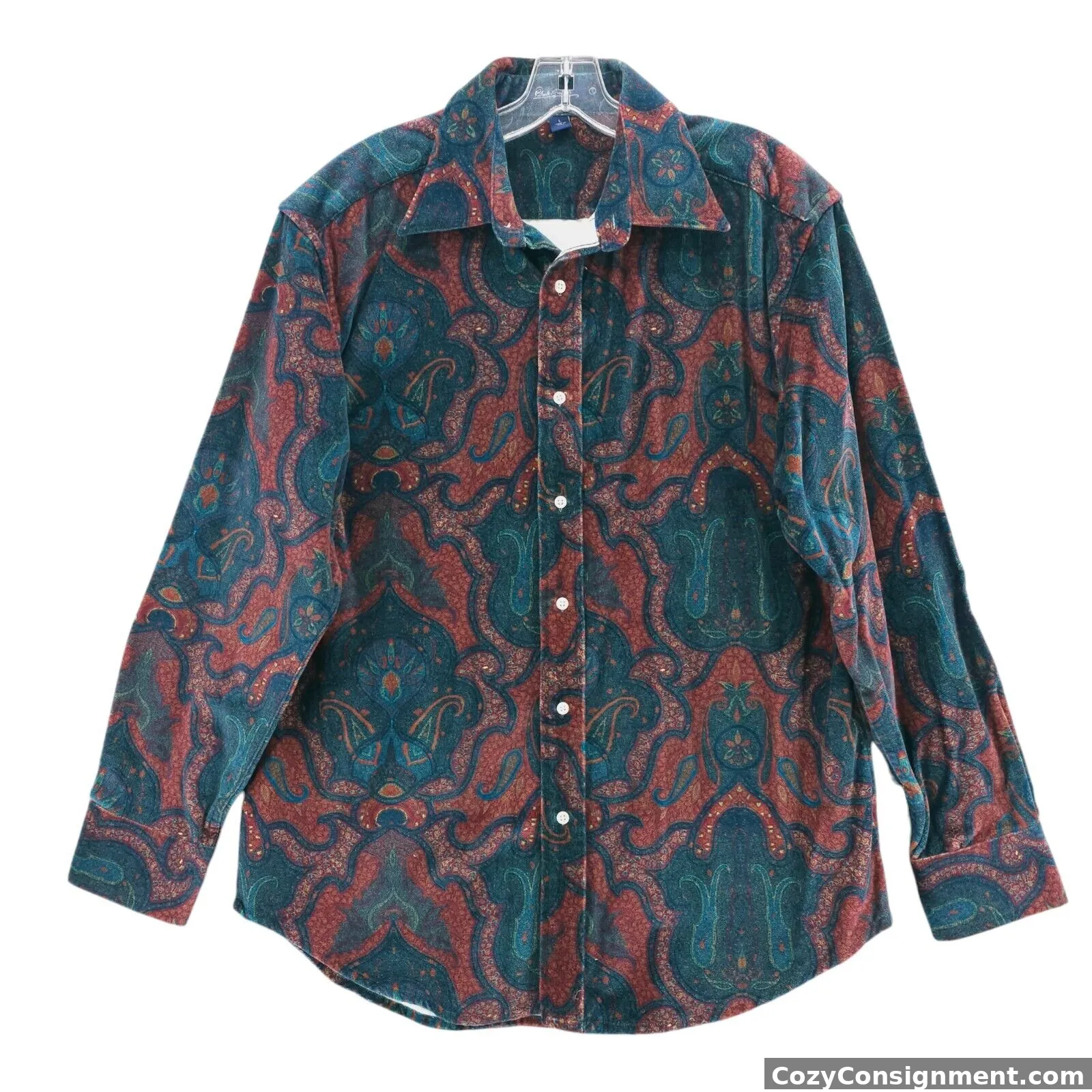 ROBERT GRAHAM Blue Red Paisley Velour Velvet Long Sleeve Button Up Shirt LARGE