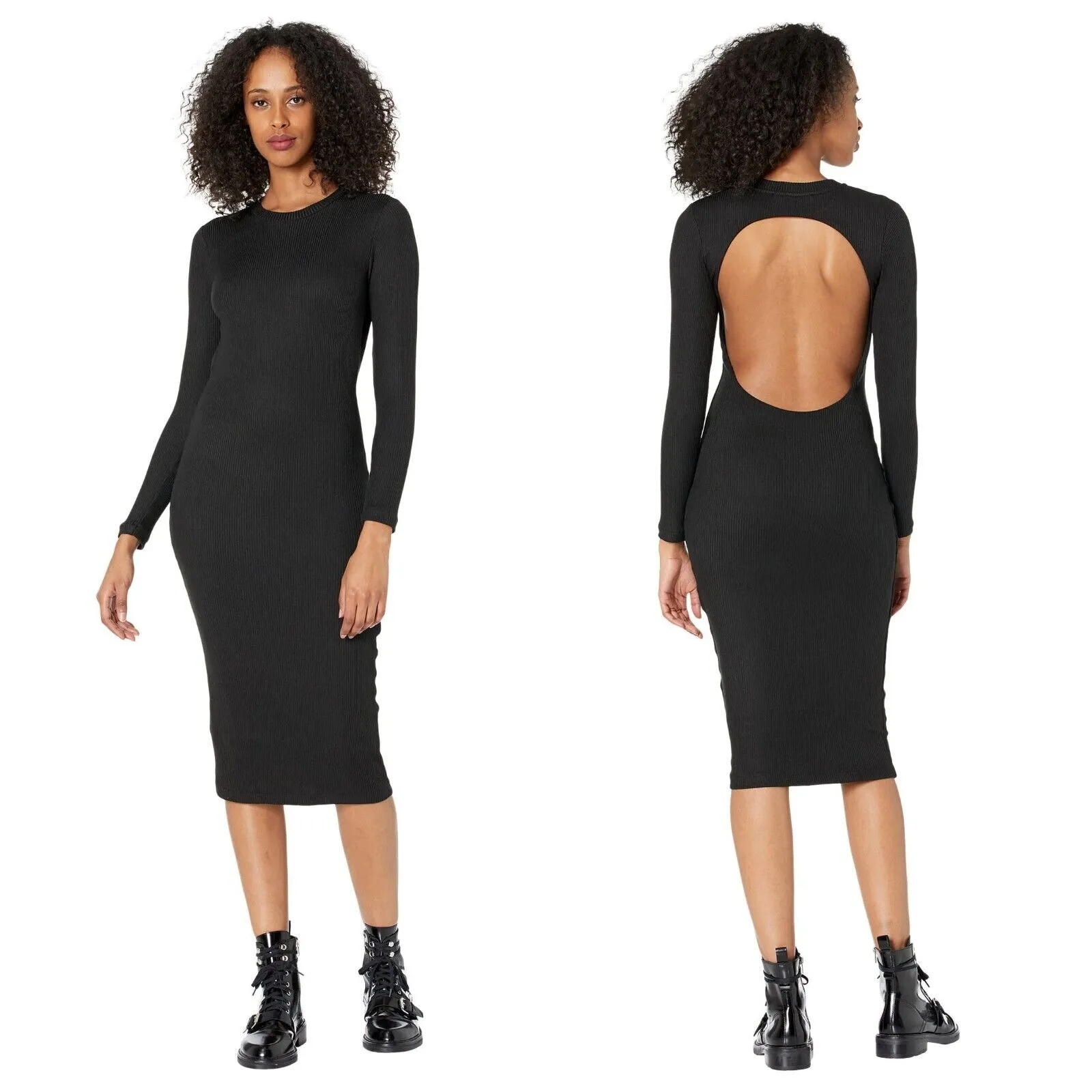 NWT ALLSAINTS Molly Dress Black Cutout Back Ribbed Stretch Midi Long Sleeve US 4