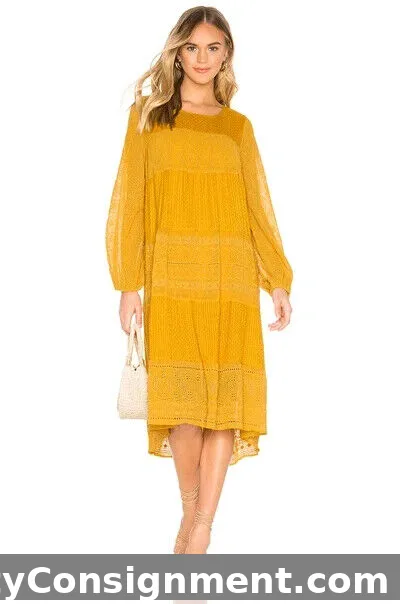 NWT FREE PEOPLE Gemma Midi Dress Embroidered Eyelet Boho Mustard Yellow SMALL