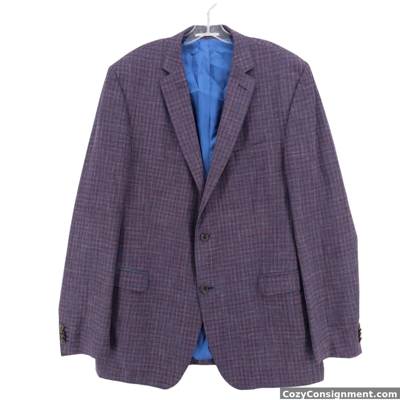 CARL GROSS Blazer Loro Piana Summertime Wool Silk Linen Blue Red Check Size 48L