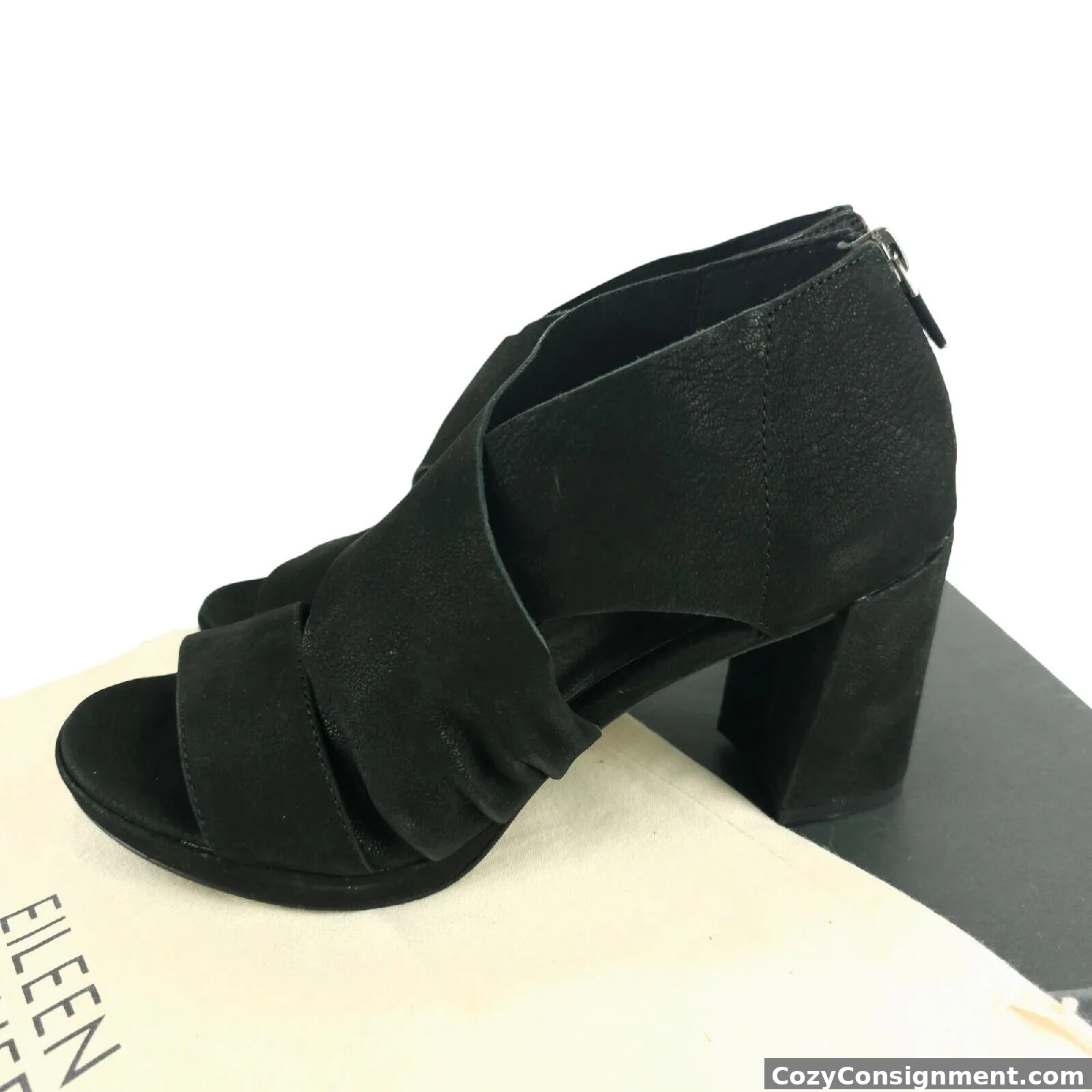 EILEEN FISHER Black Tumbled Nubuck Leather Sandals Block Heel Back Zip 6.5