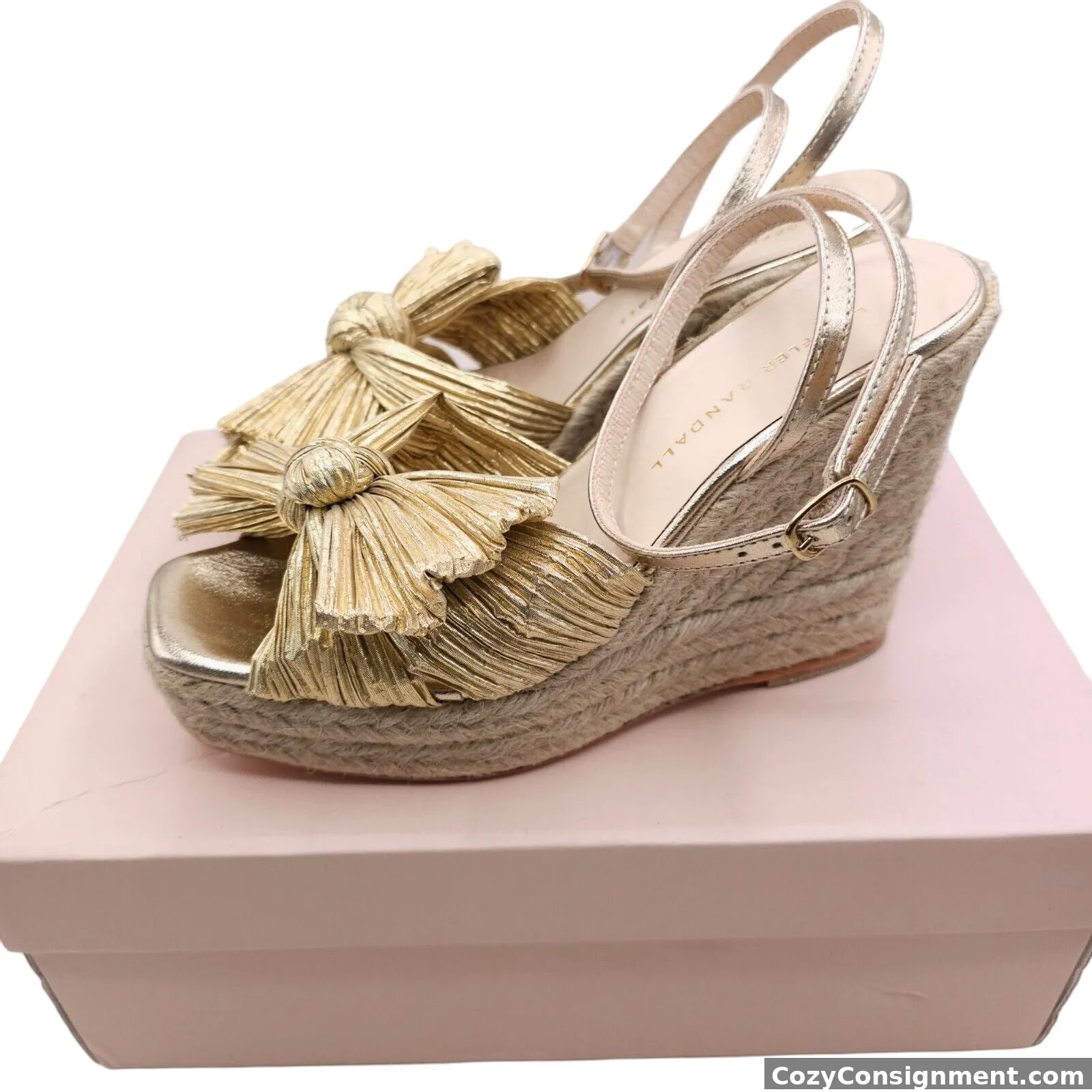 Loeffler Randall Peri Pleated Knot Bow Wedge Espadrille Sandals Gold Eu 36 US 6B