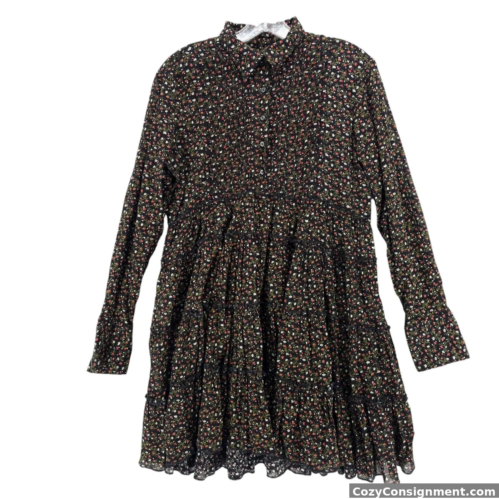 DENIM & SUPPLY RL Black Floral Tiered Shirt Dress Cottagecore Peasant MEDIUM