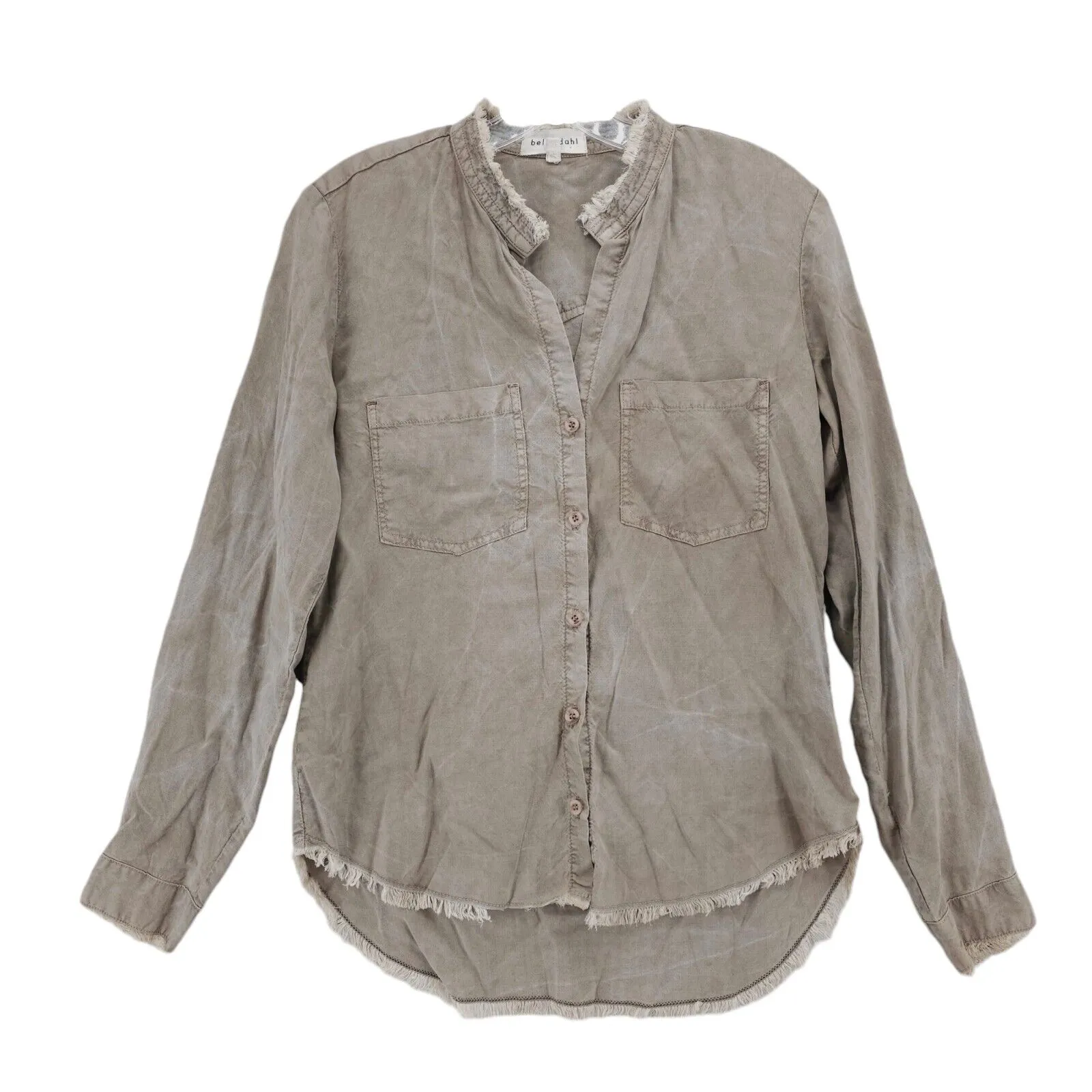 BELLA DAHL Long Sleeve Shirt Button Up Fringe Frayed Hems Dyed Light Brown XS