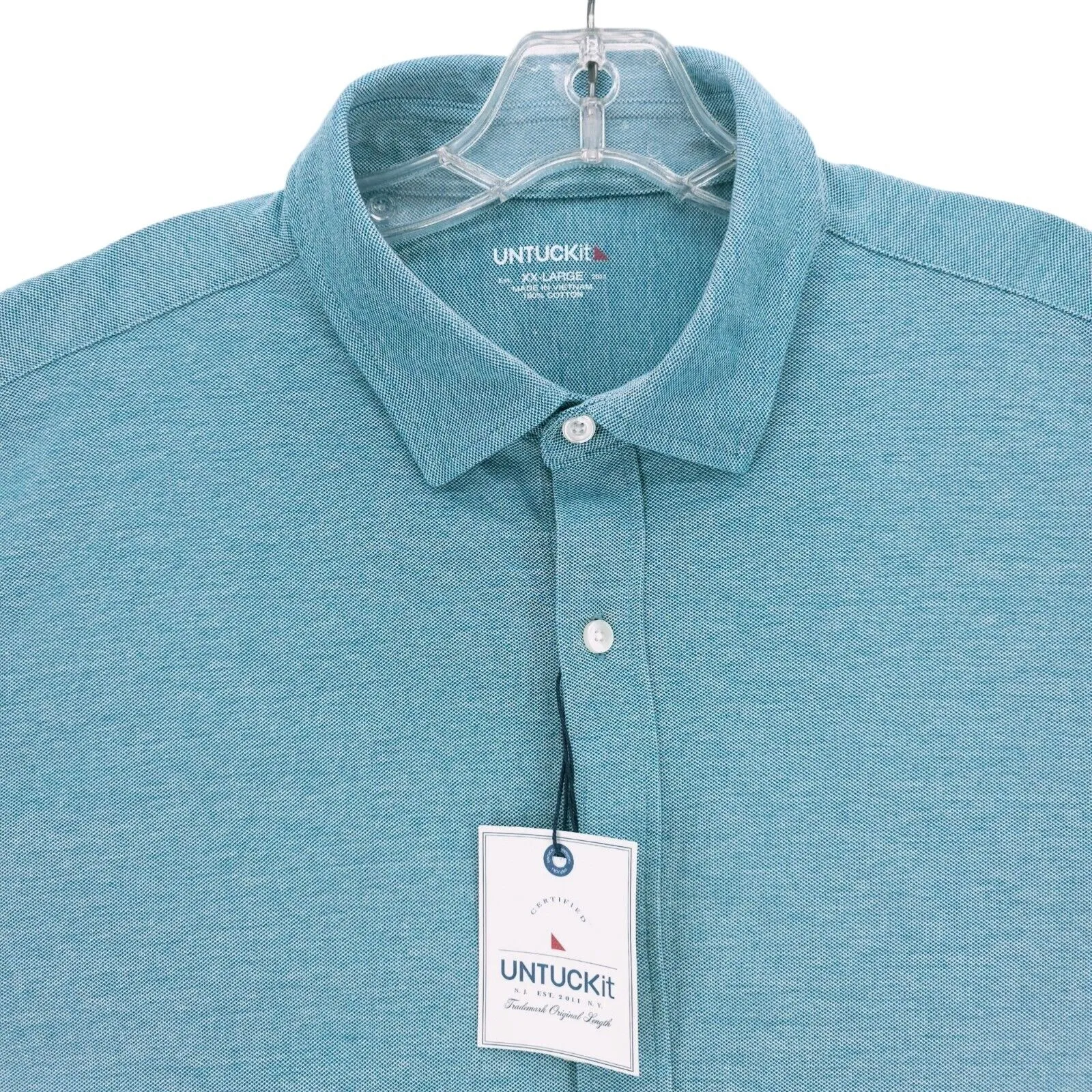 NWT UNTUCKit Pique Polo BD Button Up Shirt Blue Deep Teal Regular Fit Size XXL