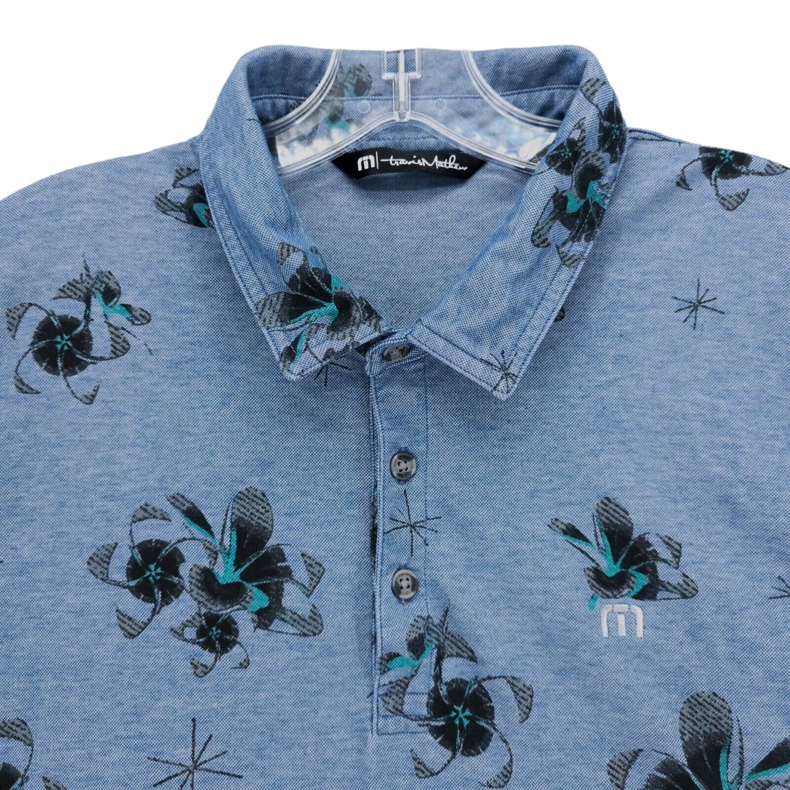 TRAVIS MATHEW Polo Shirt Blue Floral Print Golf Stretch Pima Cotton Blend XL