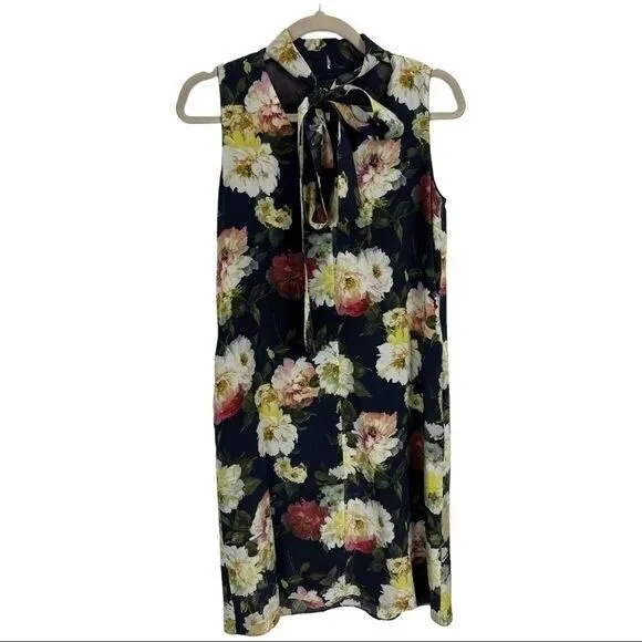 LAFAYETTE 148 Floral 100% Silk Knee-Length Sheath Dress Neck Tie Size XS