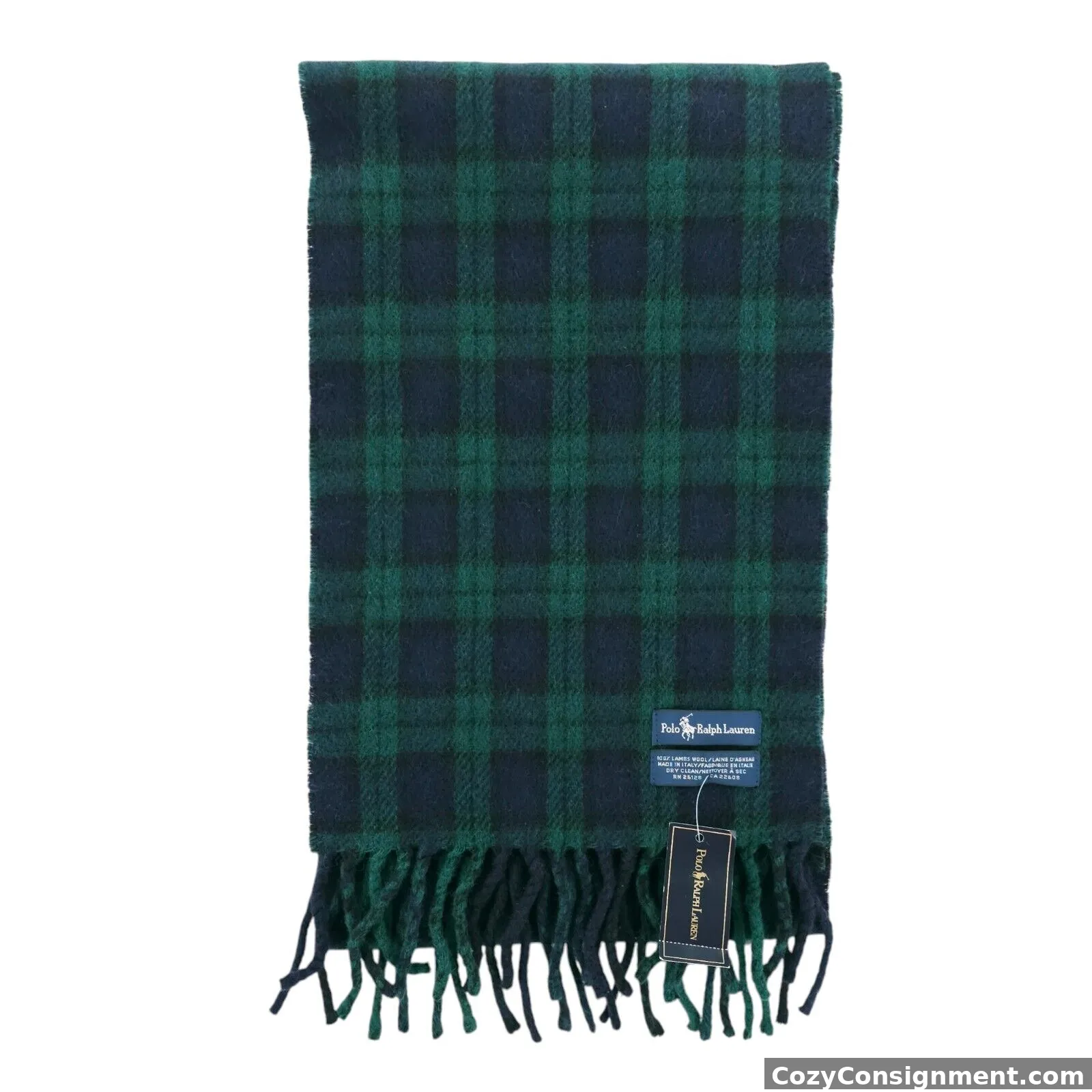 NWT POLO RALPH LAUREN Blackwatch Plaid Scarf Fringe 100% Lambs Wool Green Blue