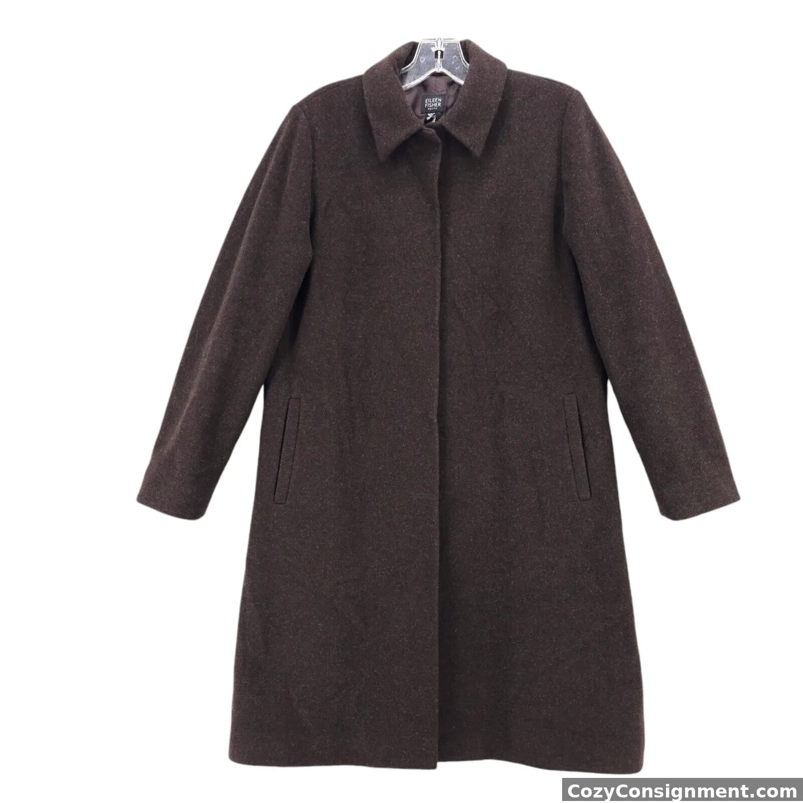 EILEEN FISHER Brown 100% Wool Coat Italian Fabric Hook Eye Closure PETITE SMALL