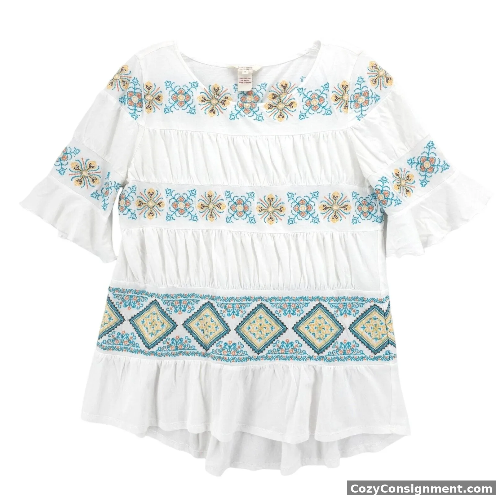 SUNDANCE White Embroidered Top Peasant Bohemian Tiered Ruffle Sleeve SMALL