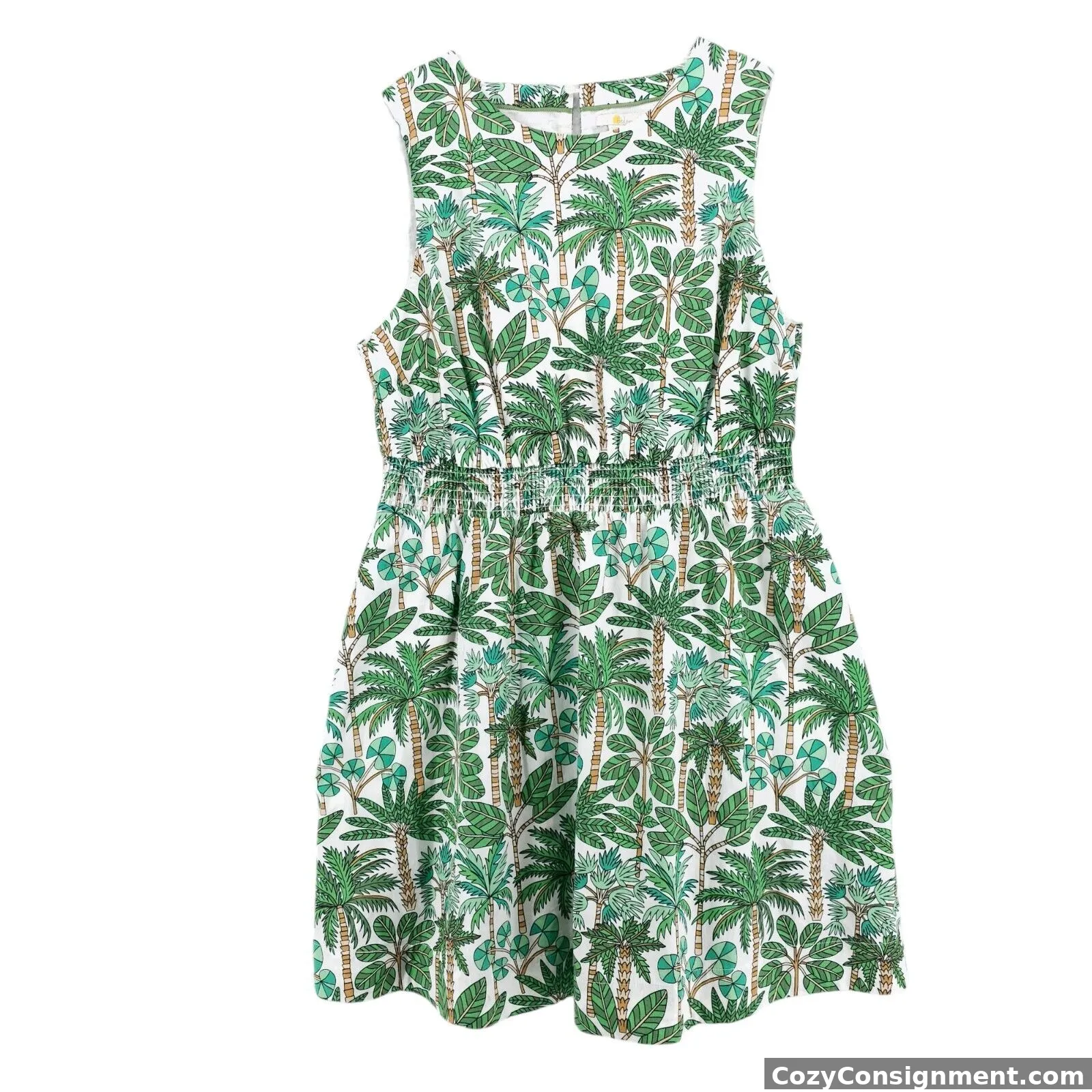 BODEN Smocked Waist Dress Green White Palm Tree Print Tropical Hawaiian US 14 R