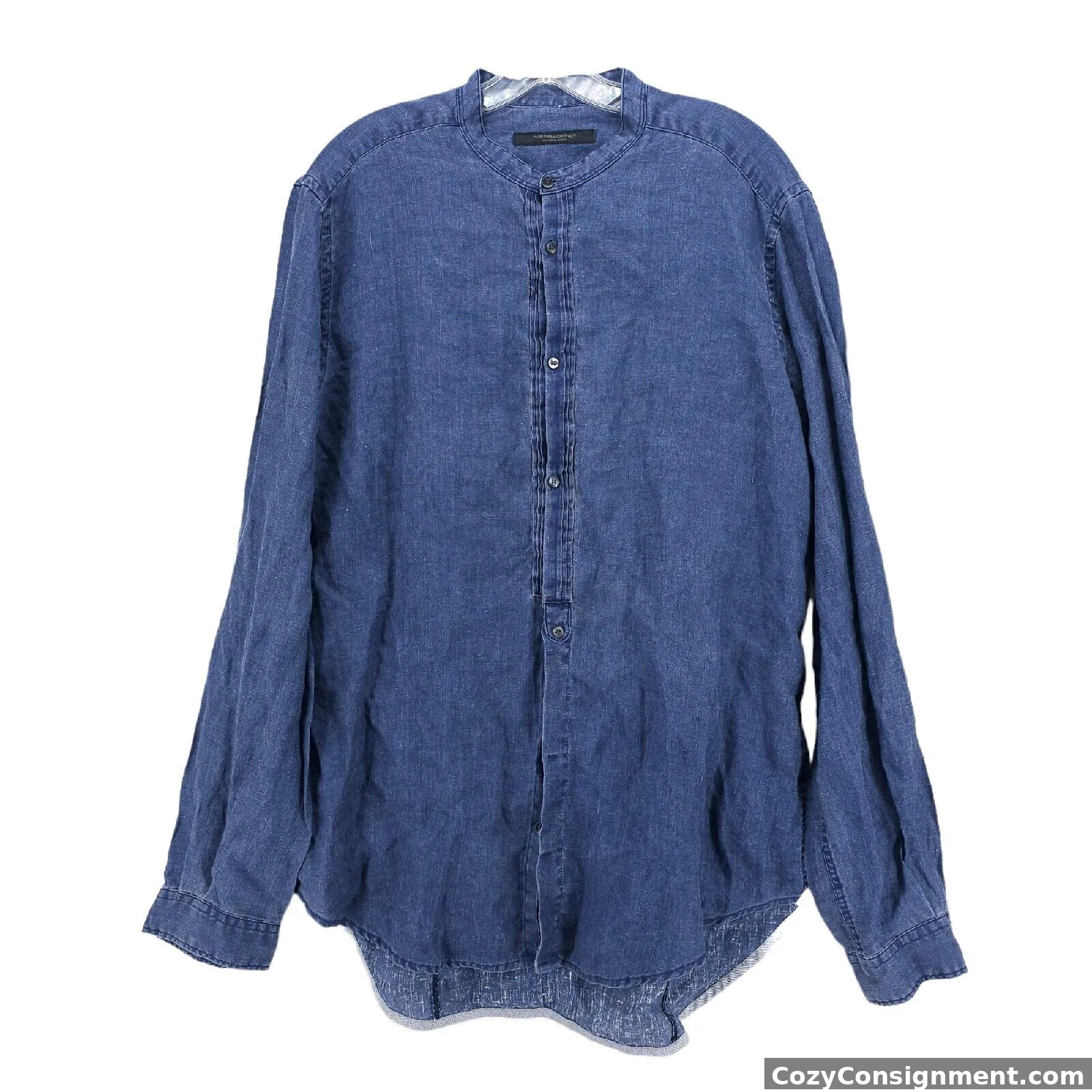 MESSAGERIE 100% Linen Blue Chambray Shirt Made in ITALY Size 17 - 43