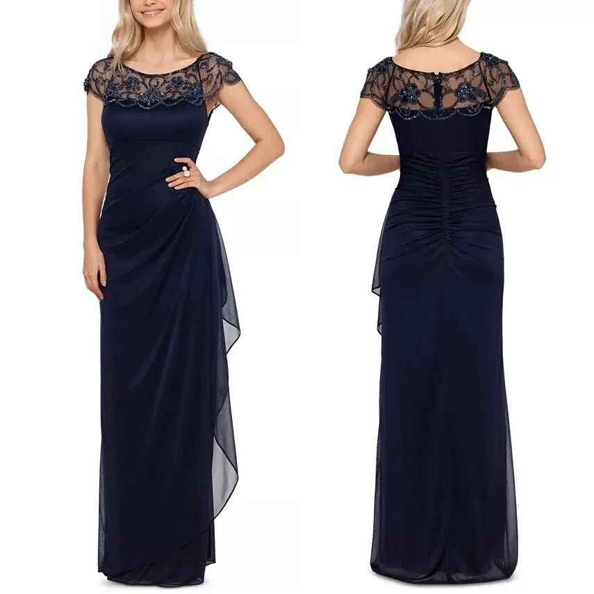 NWT XSCAPE Navy Blue Embellished Maxi Formal Evening Dress Gown 4205X Size 8