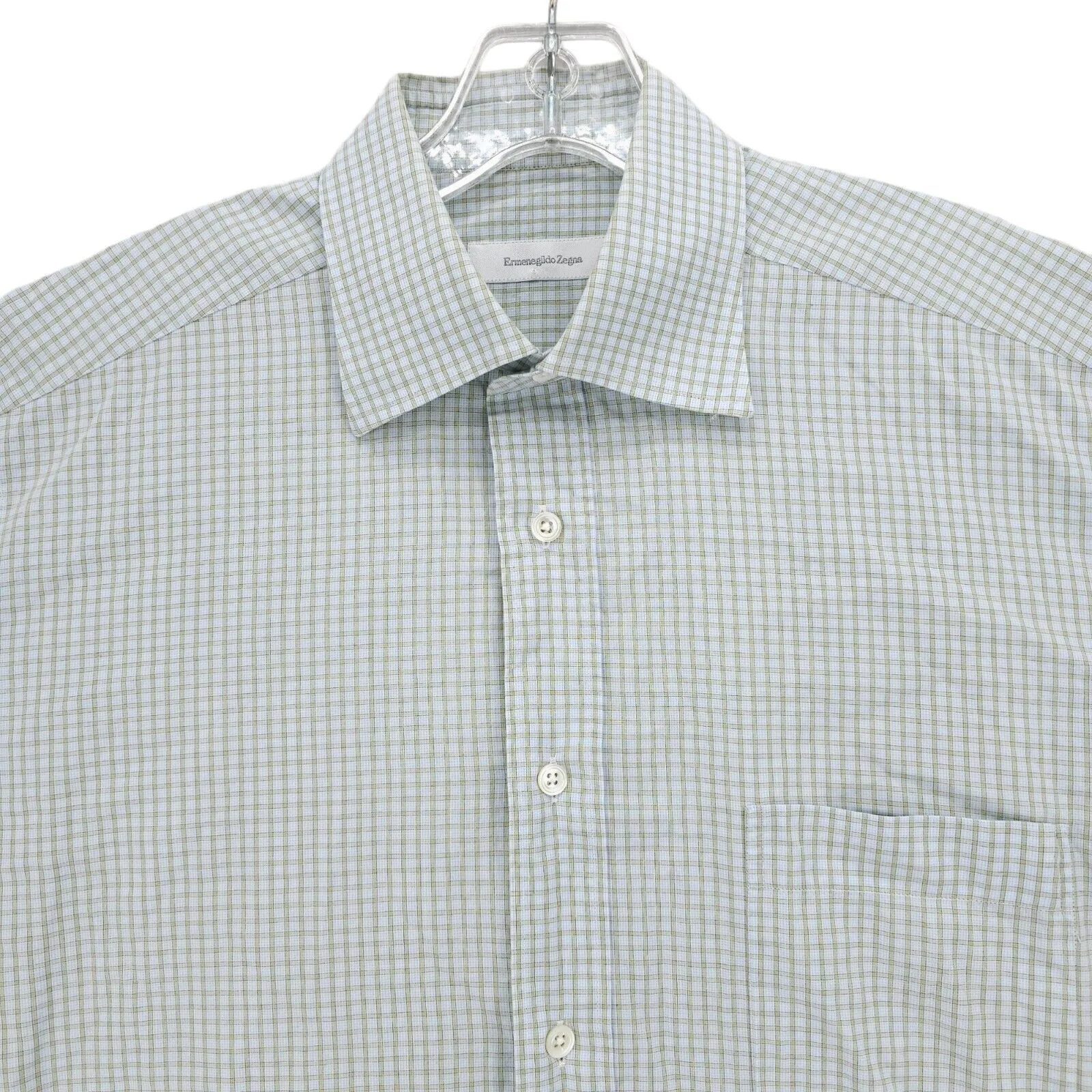 ERMENEGILDO ZEGNA Long Sleeve Shirt Pale Blue Green Check Size 39 - 15.5