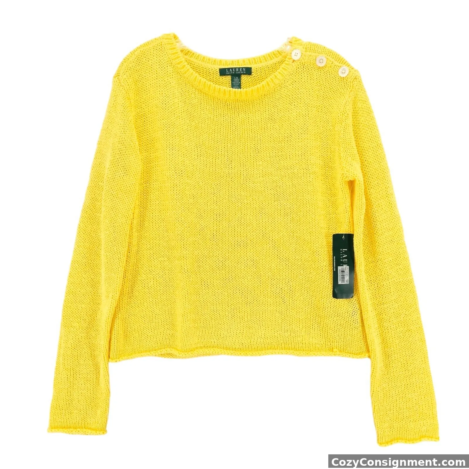 NWT Lauren Ralph Lauren Yellow Pullover Sweater Button Detail Chunky Open Knit L