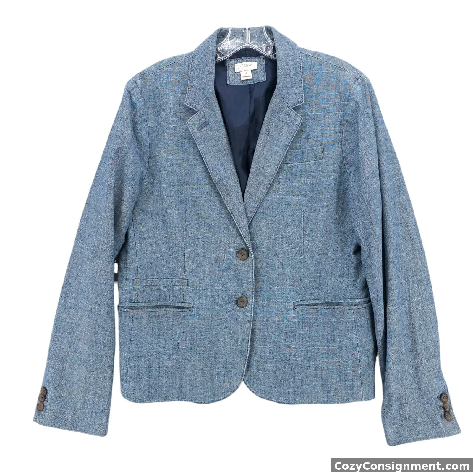 J. CREW Keating Boy Women’s Blazer Jacket Blue Chambray 100% Cotton Size 14