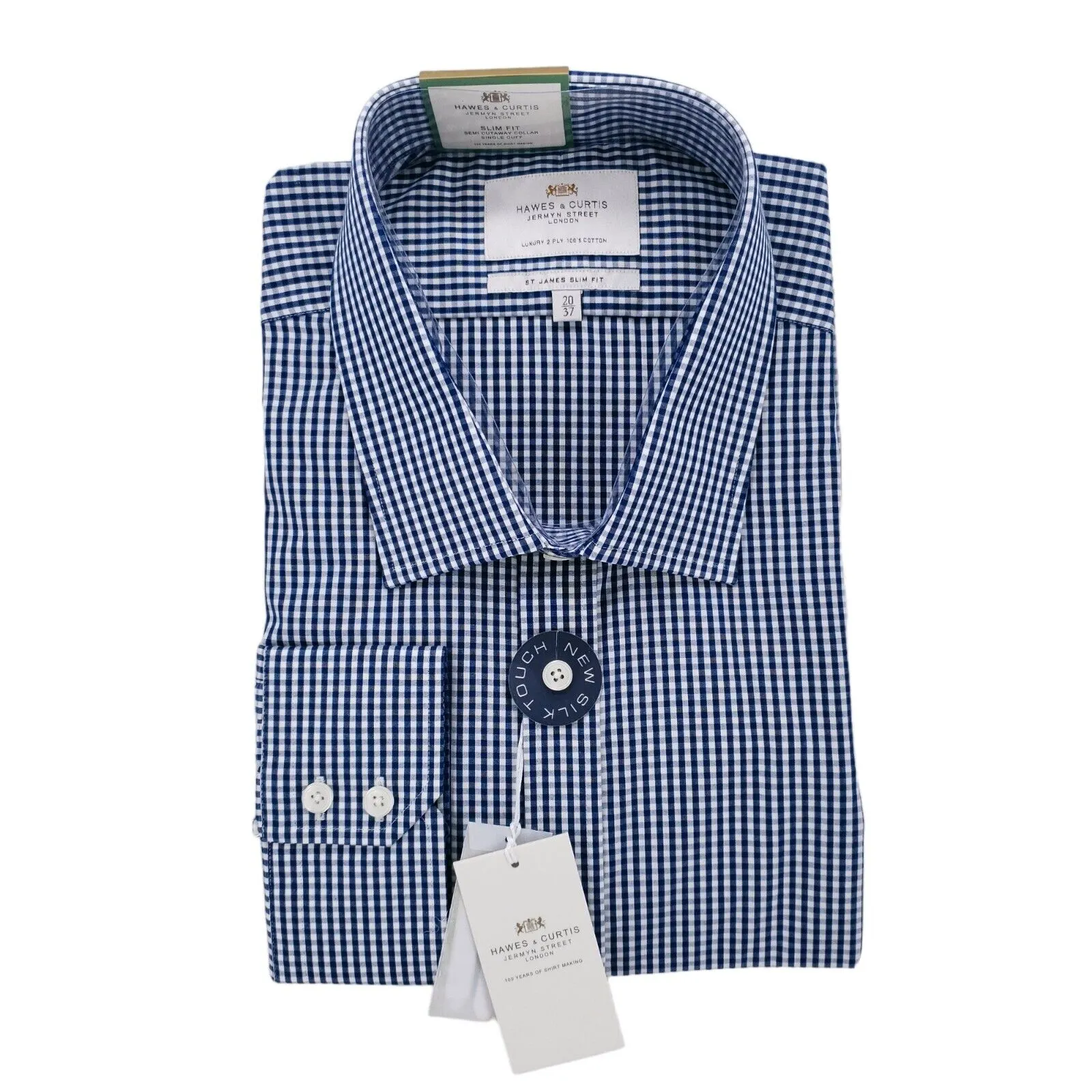 Hawes & Curtis Blue White Gingham Check Shirt Semi Cutaway Collar SLIM FIt 20/37